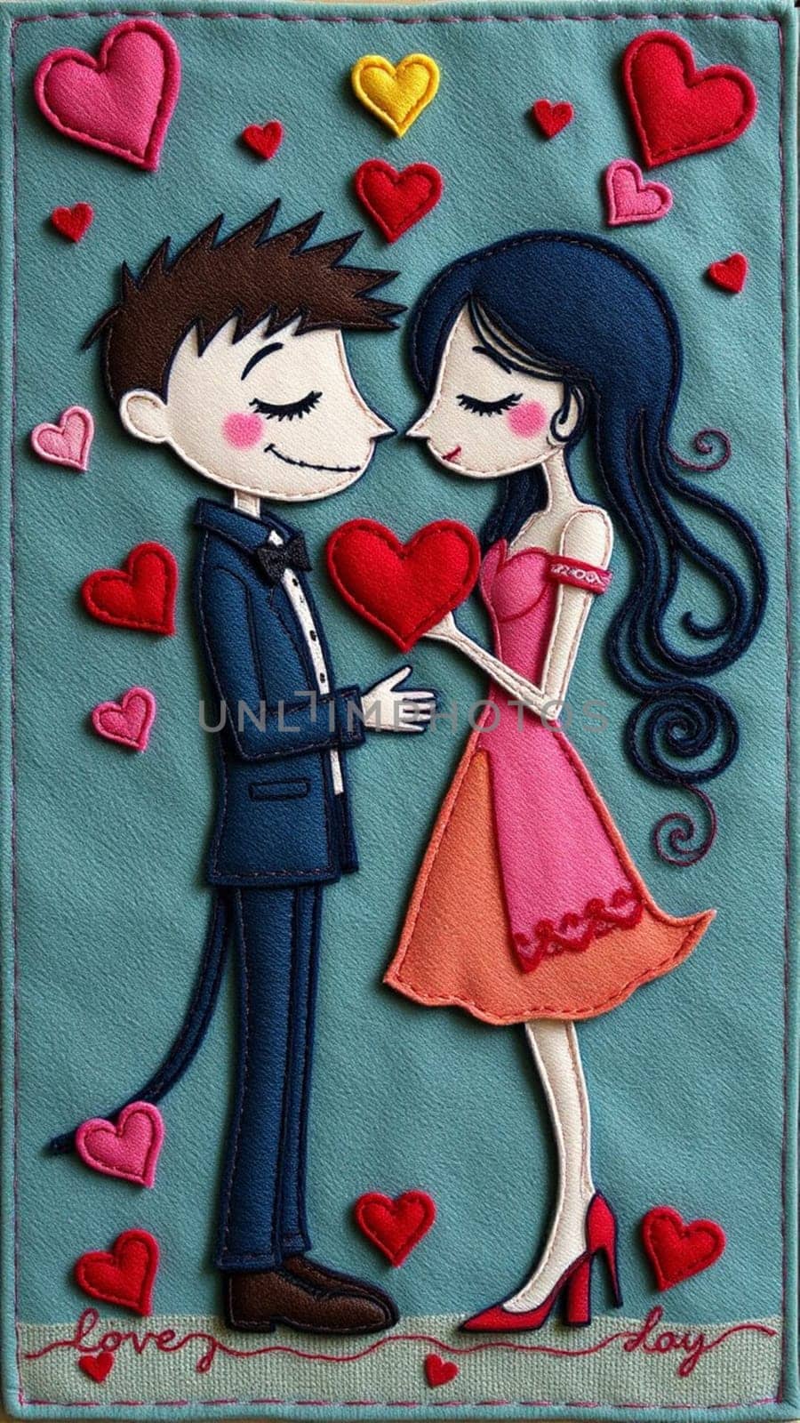 Man and a woman are holding a red heart, celebrating their love on valentine's day. The illustration is made of felt and depicts a romantic atmosphere