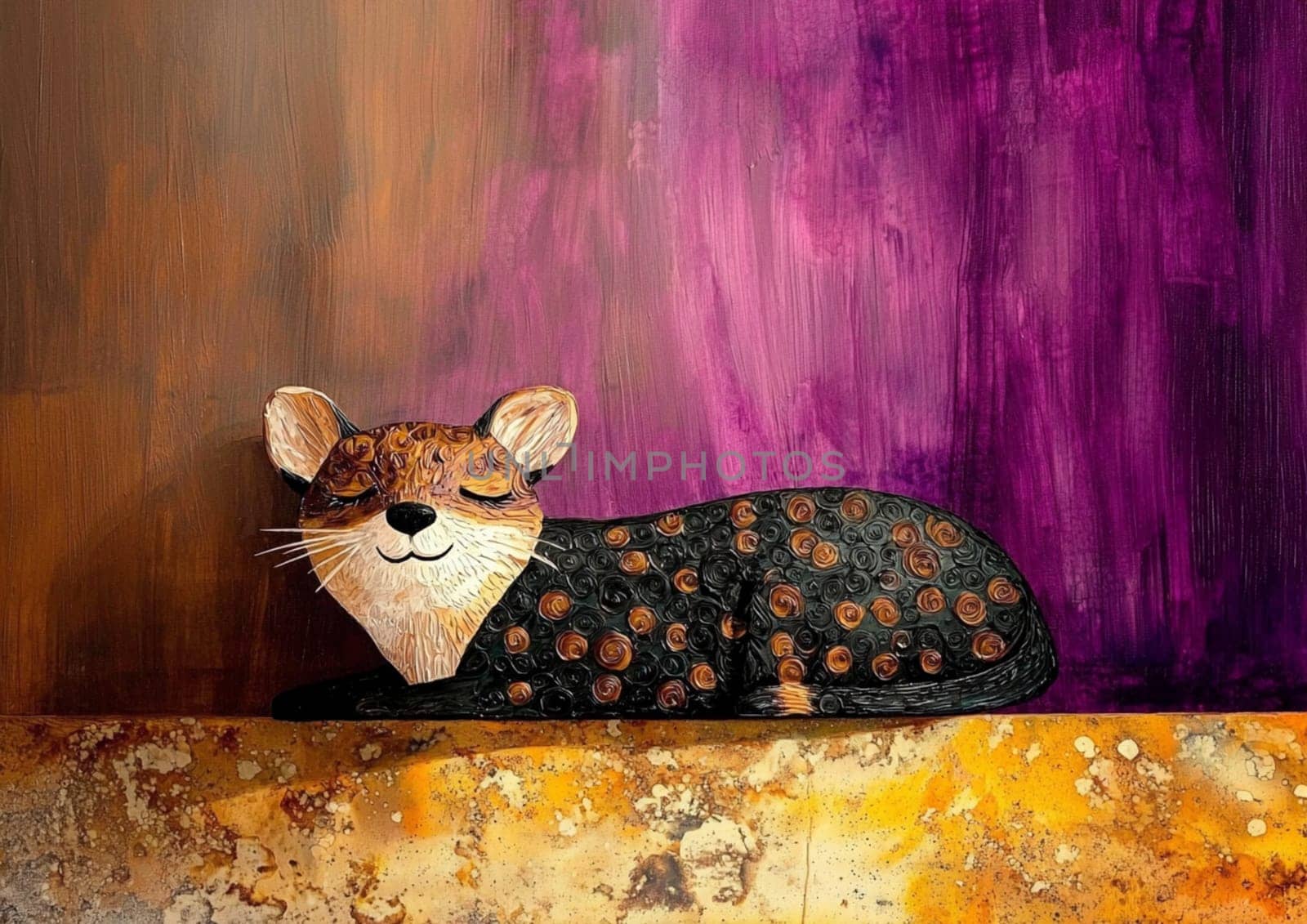 Serene black cat sculpture peacefully relaxing on a yellow ledge against a purple background, adding a whimsical touch to decor. Versatile for creative projects