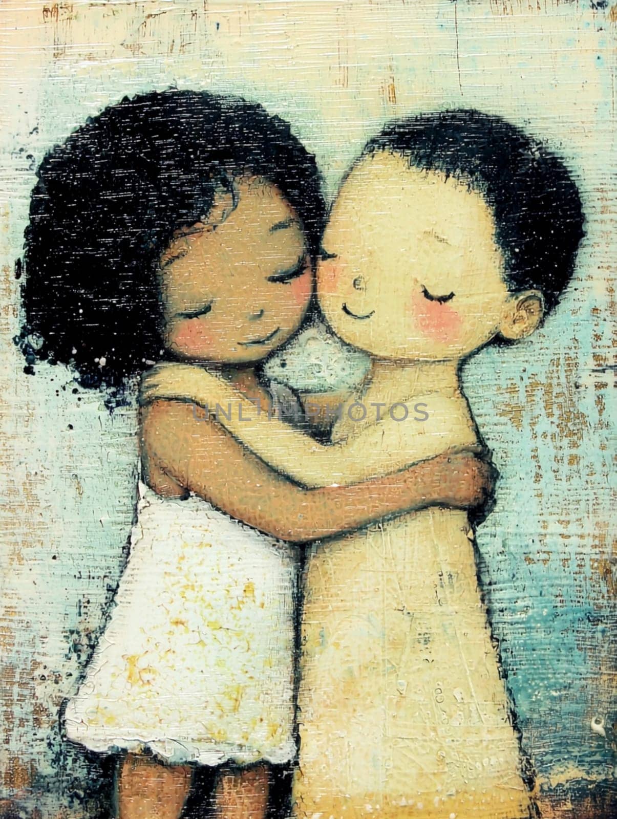 Painting of a couple of kids embracing, showing love, tenderness, care and affection. Perfect for themes like childhood, friendship, family and diversity