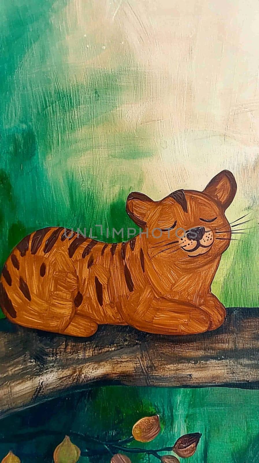 Cute baby tiger peacefully rests on a tree branch in a colorful jungle painting, surrounded by lush greenery