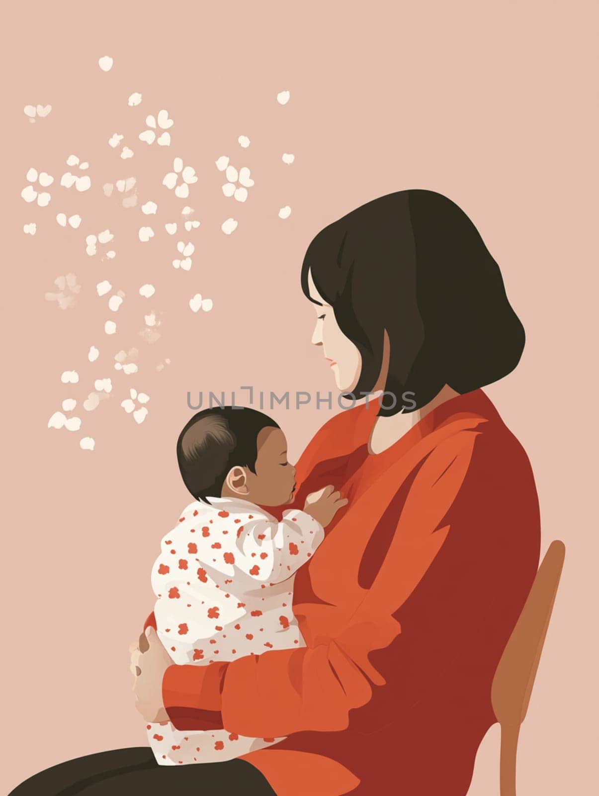 Mother holds her sleeping baby amidst falling cherry blossoms, radiating tranquility, love, and tenderness