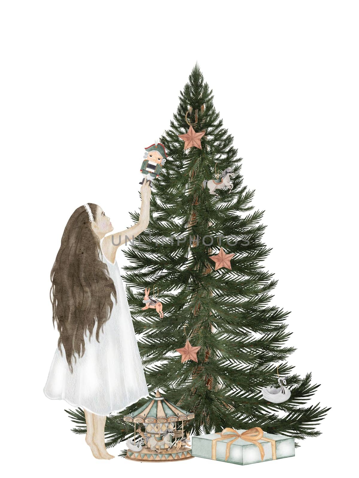 Christmas tree watercolor. Hand drawn vintage evergreen tree with a girl, a nutcracker, a gift box and vintage toys isolated on white background. Clip art of Christmas and New Year symbol. Ideal for greeting cards, posters and home crafts design. High quality illustration