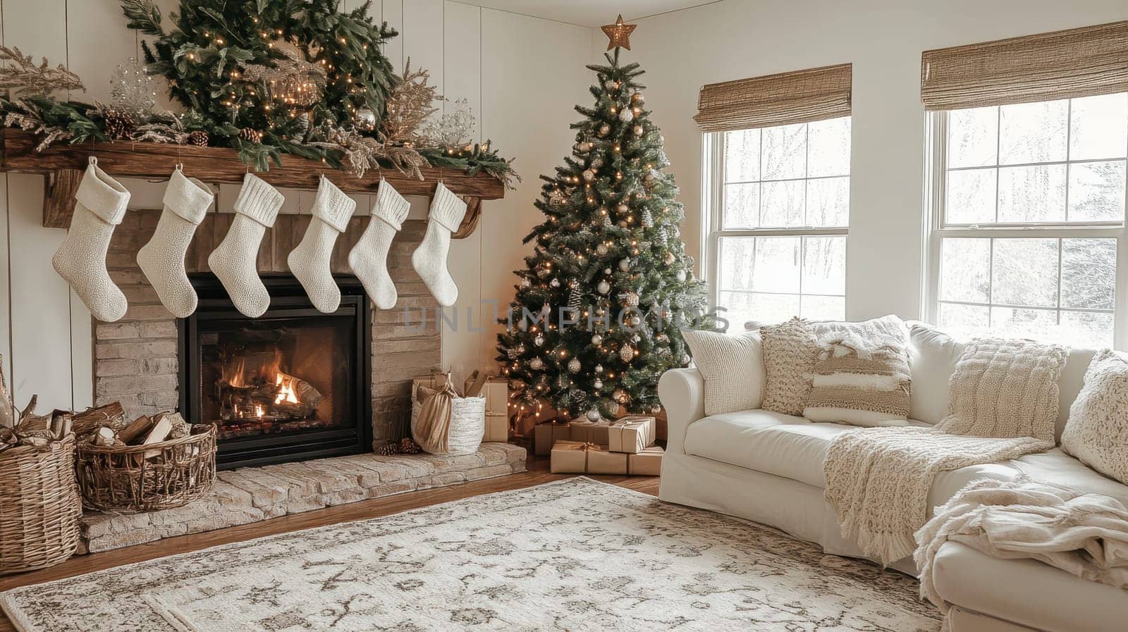 Cozy Christmas Living Room with Fireplace and Decorated Tree