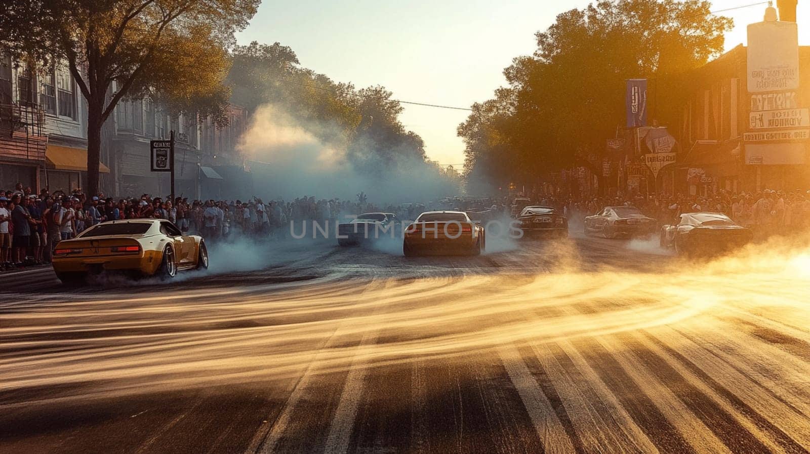 Powerful sports cars race through city streets at sunset, leaving a trail of smoke, thrilling spectators with high speed action