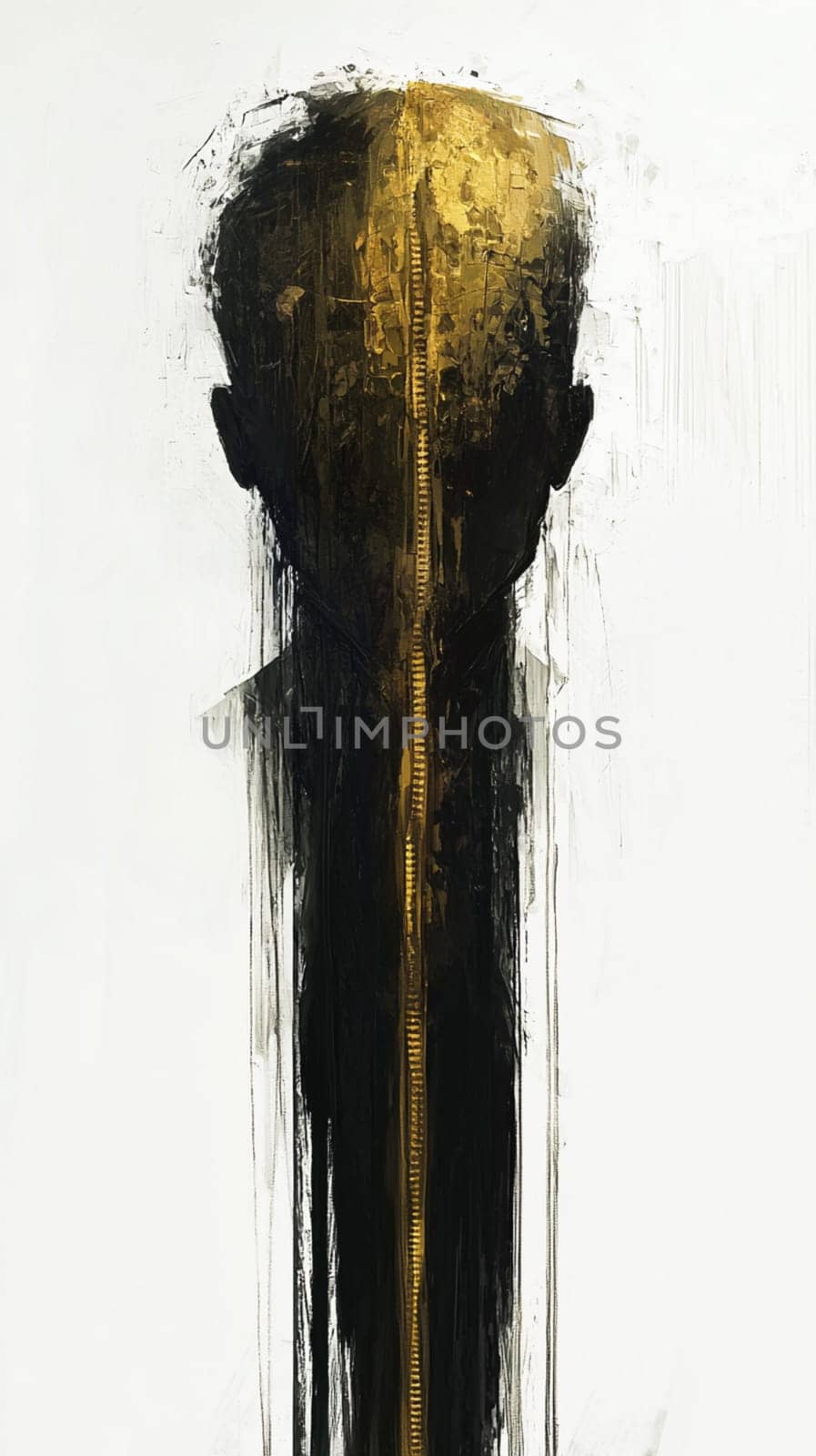 Abstract portrait of a businessman with a golden zipper on his face, symbolizing an open mind. Strong brushstrokes and contrasting colors