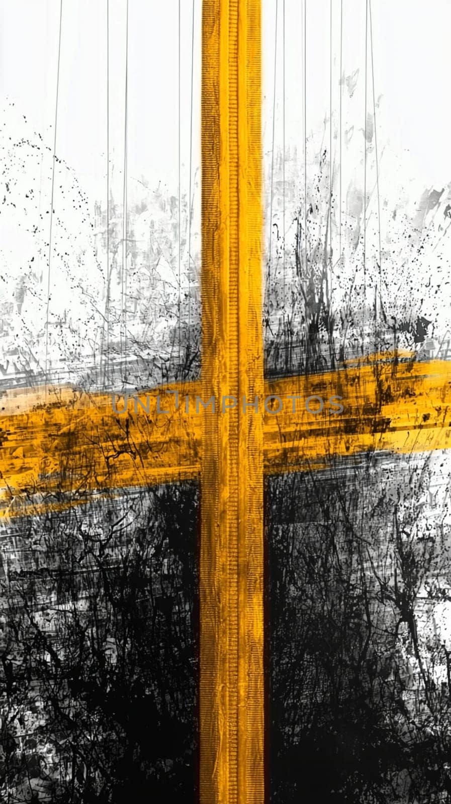 Abstract image featuring bold yellow lines intersecting on a textured black and white background, creating a dynamic and visually engaging composition
