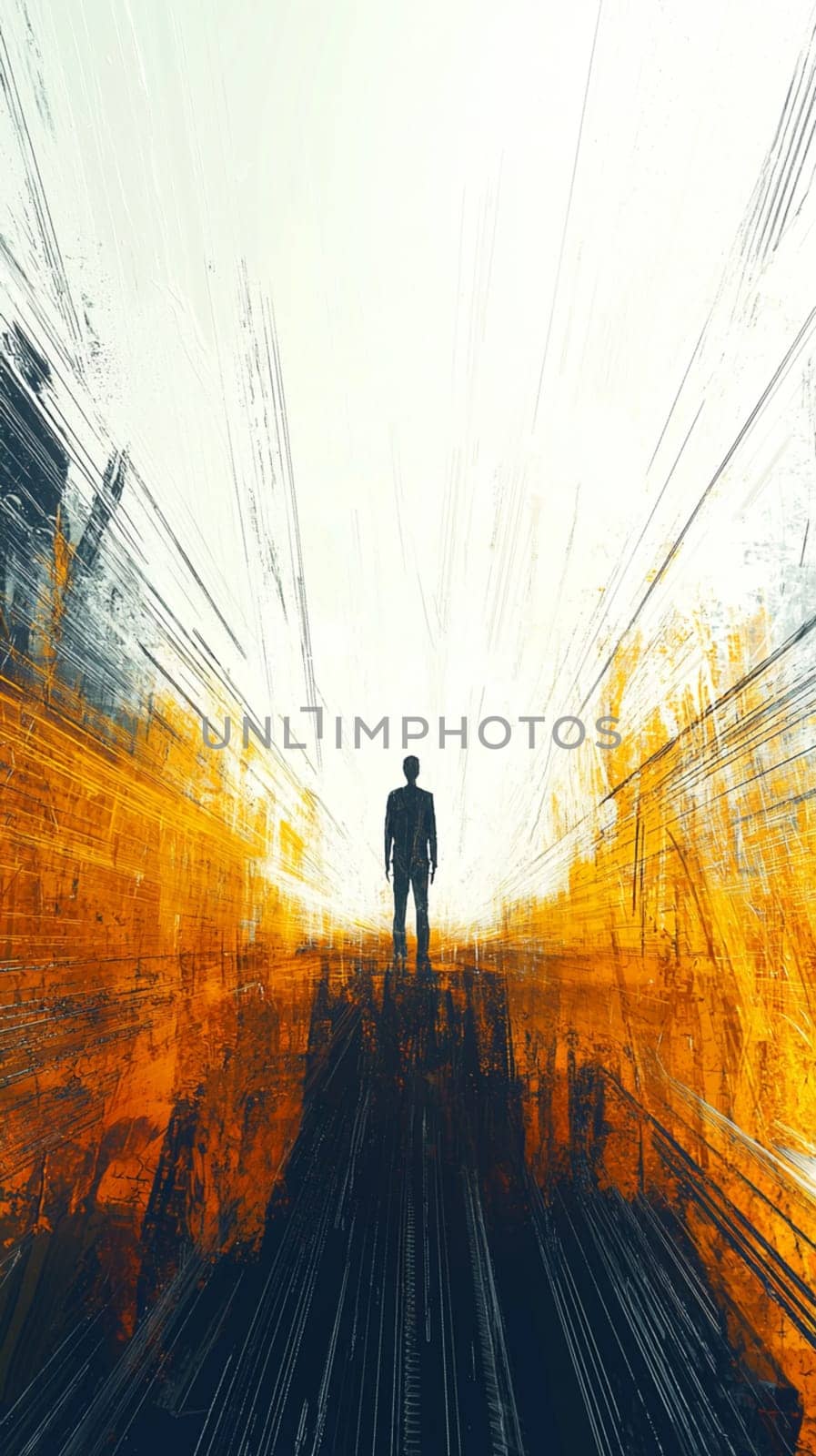 Businessman is standing in an abstract tunnel with bright light at the end, suggesting new beginnings and the overcoming of challenges