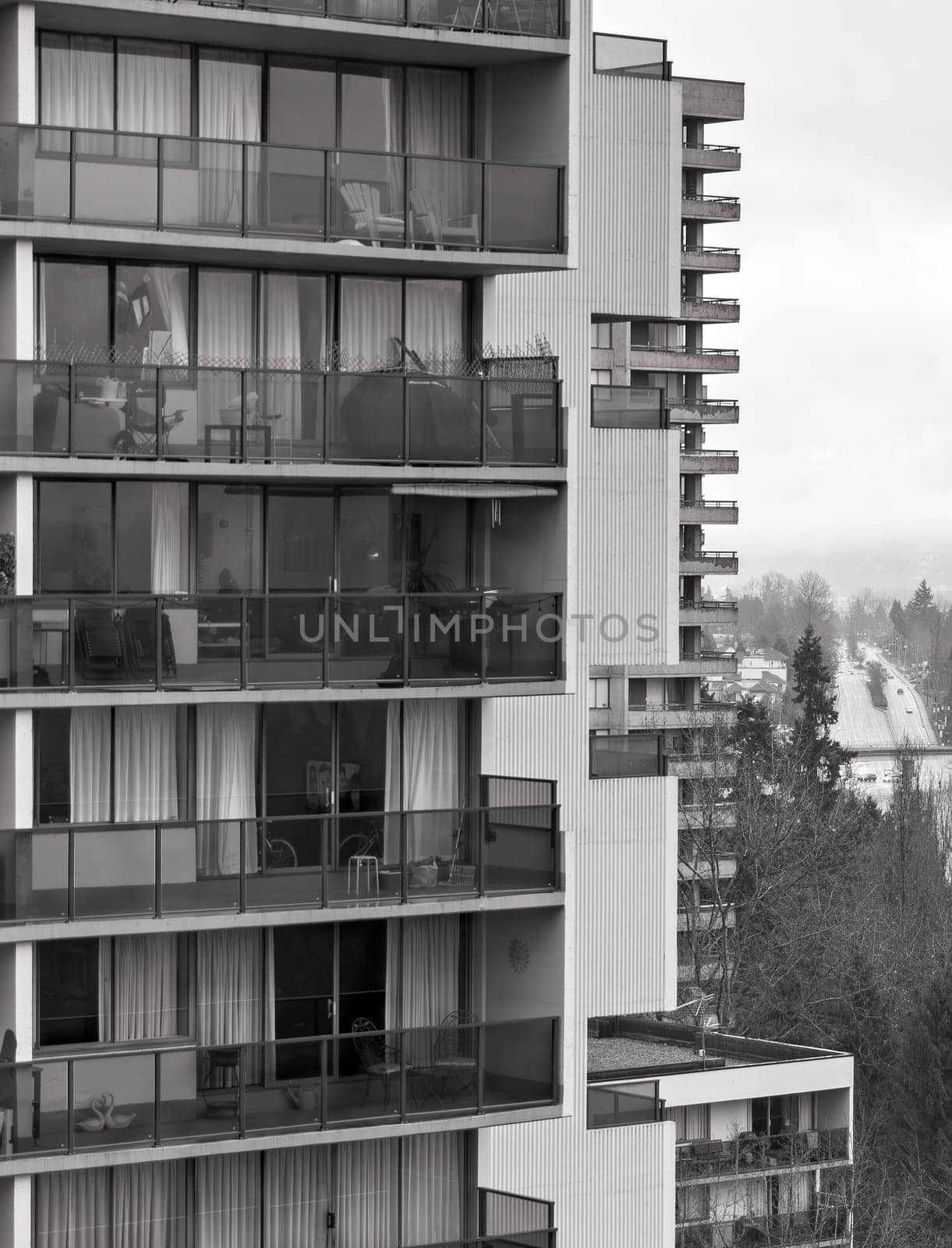 High rise buildings on foggy winter morning in a city. Vancouver, Canada.