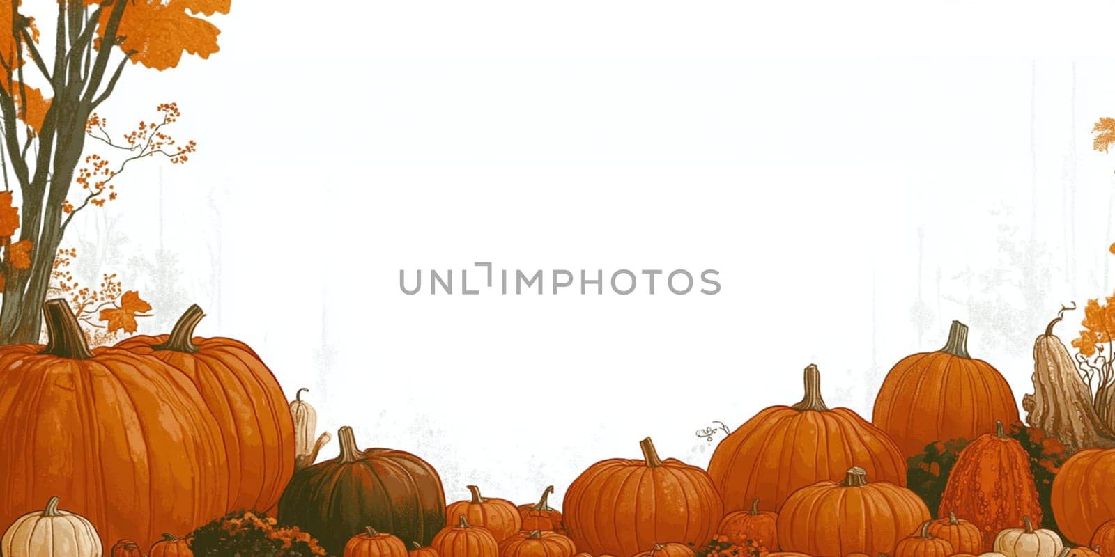 Colorful variety of pumpkins and gourds are creating a seamless horizontal banner on a white background. Perfect image for fall, harvest, or thanksgiving themes