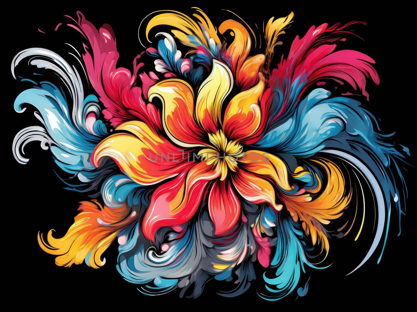 Vibrant colorful abstract petals in a fluid motion against a black background.
 Vivid explosion of colors, blending fluid forms into a floral-inspired abstract composition.