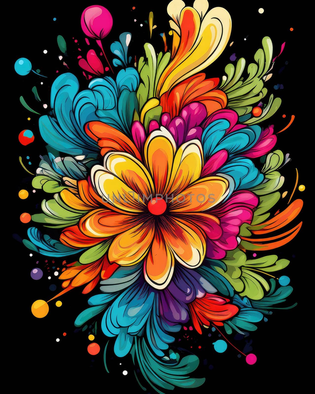 Vibrant colorful abstract petals in a fluid motion against a black background.
 Vivid explosion of colors, blending fluid forms into a floral-inspired abstract composition.