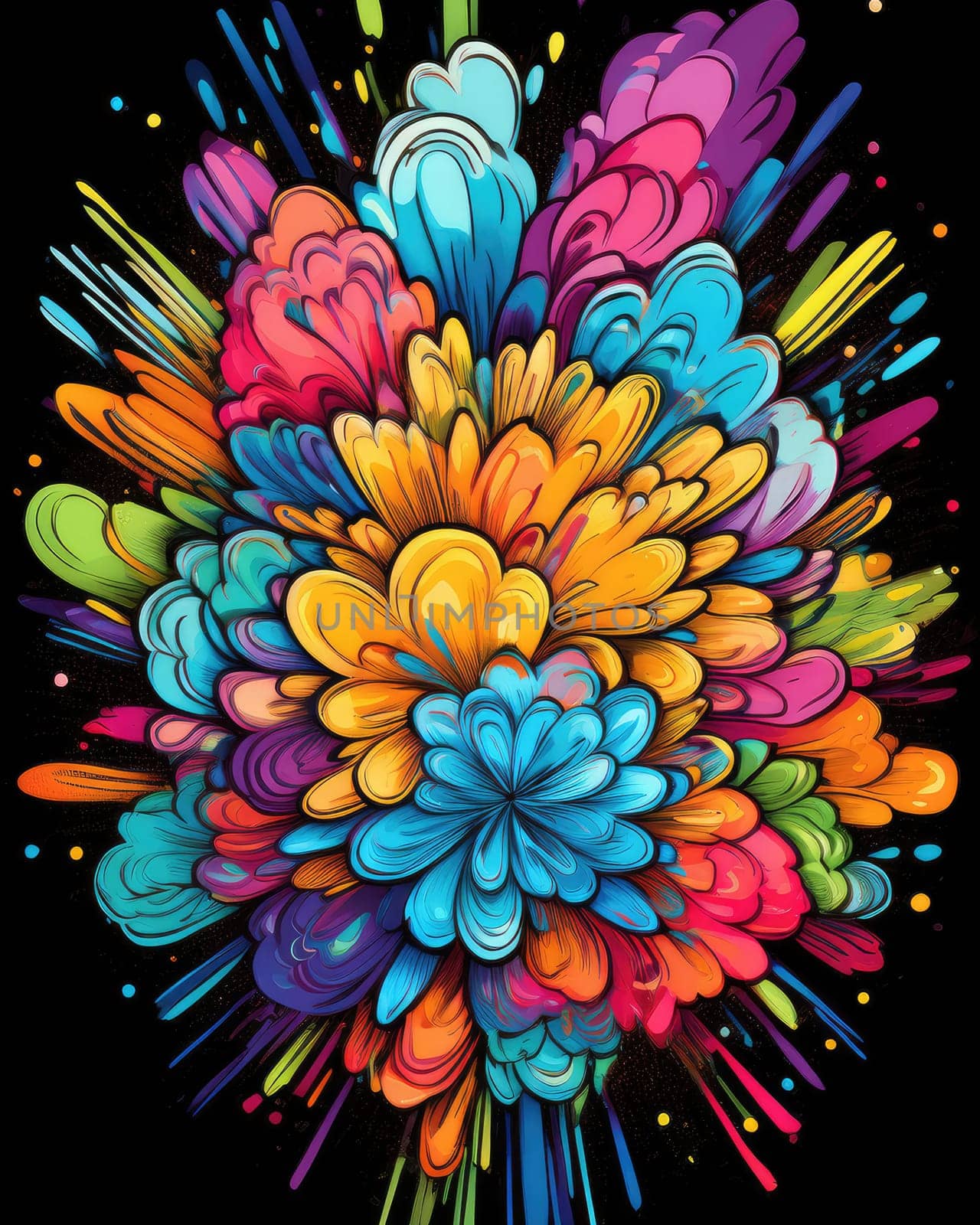 Vibrant colorful abstract petals in a fluid motion against a black background.
 Vivid explosion of colors, blending fluid forms into a floral-inspired abstract composition.