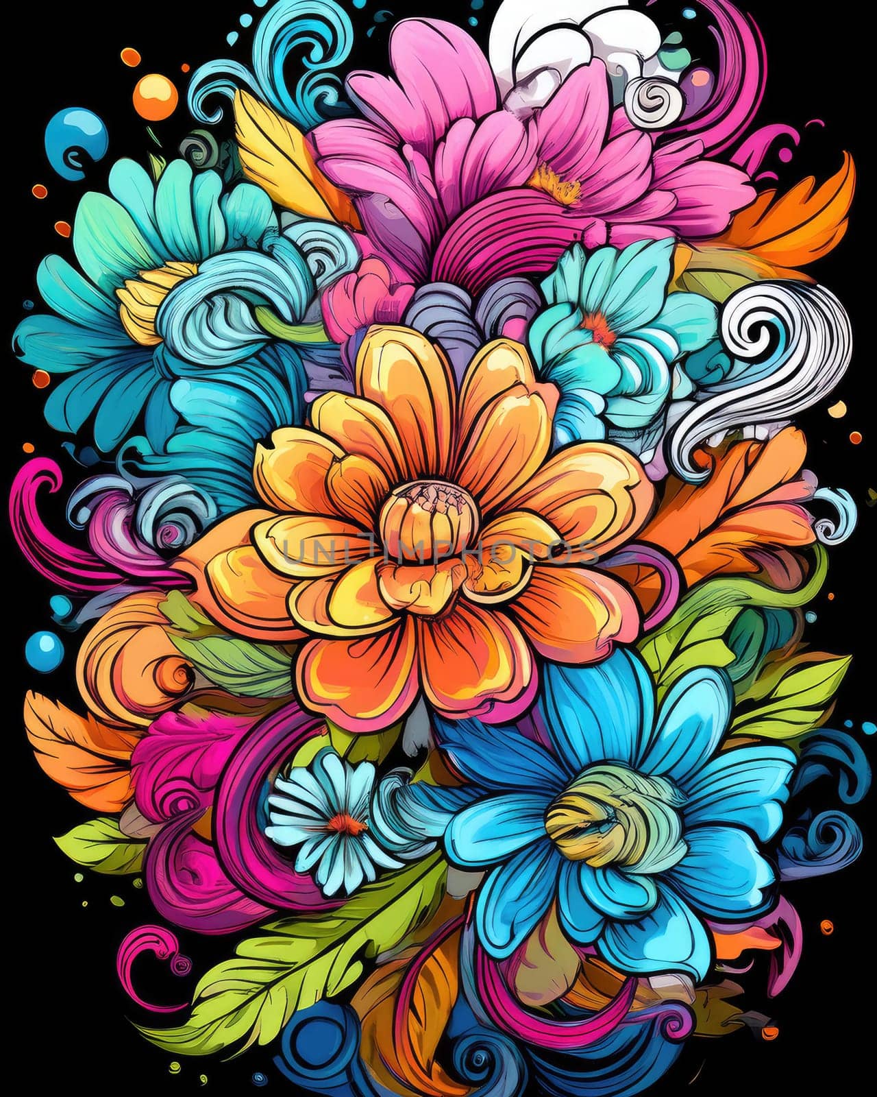 Vibrant colorful abstract petals in a fluid motion against a black background.
 Vivid explosion of colors, blending fluid forms into a floral-inspired abstract composition.