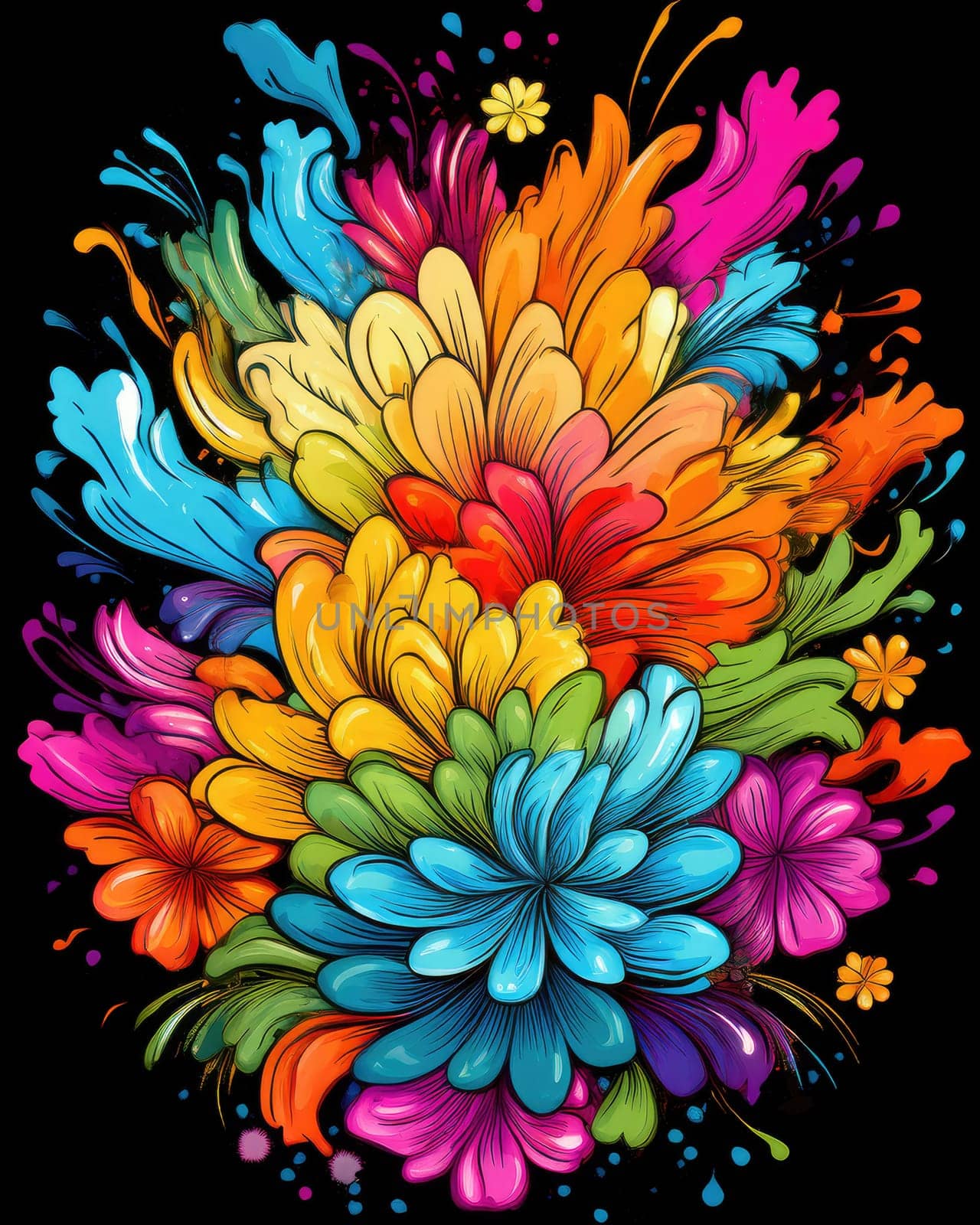 Vibrant colorful abstract petals in a fluid motion against a black background.
 Vivid explosion of colors, blending fluid forms into a floral-inspired abstract composition.