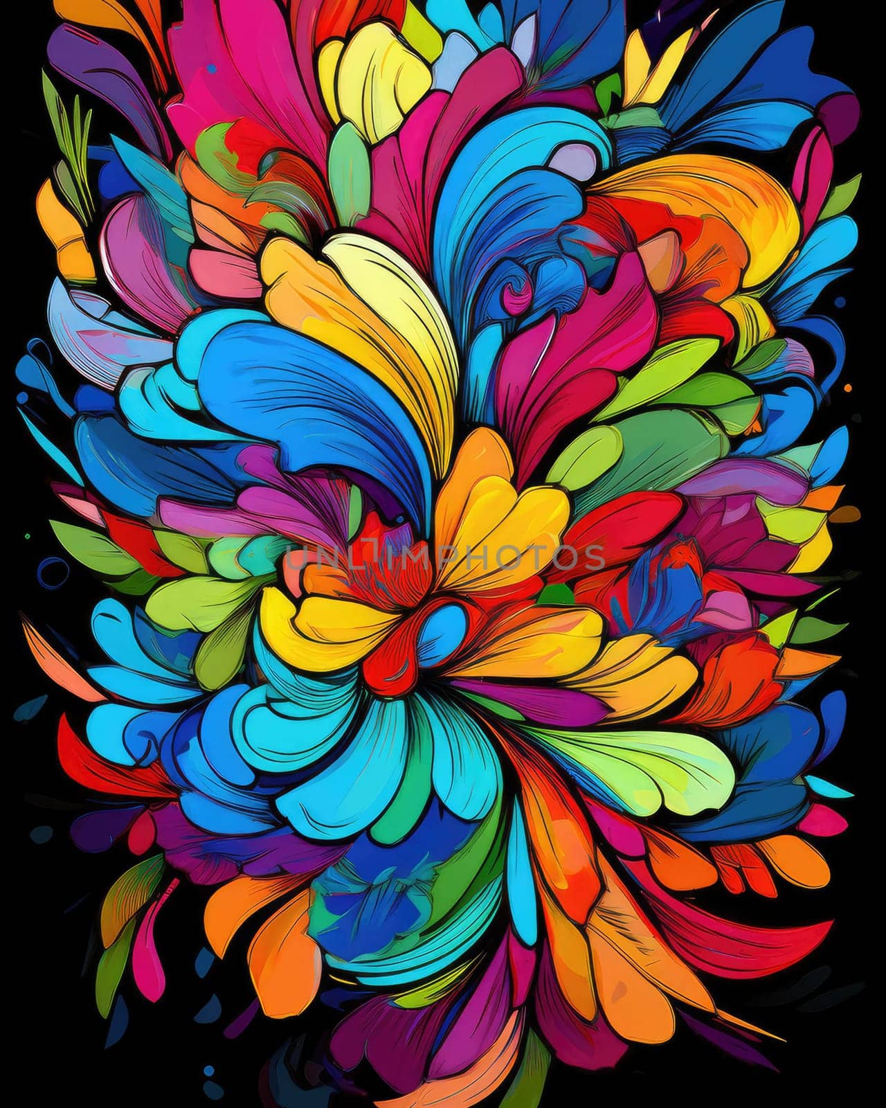 Vibrant colorful abstract petals in a fluid motion against a black background.
 Vivid explosion of colors, blending fluid forms into a floral-inspired abstract composition.