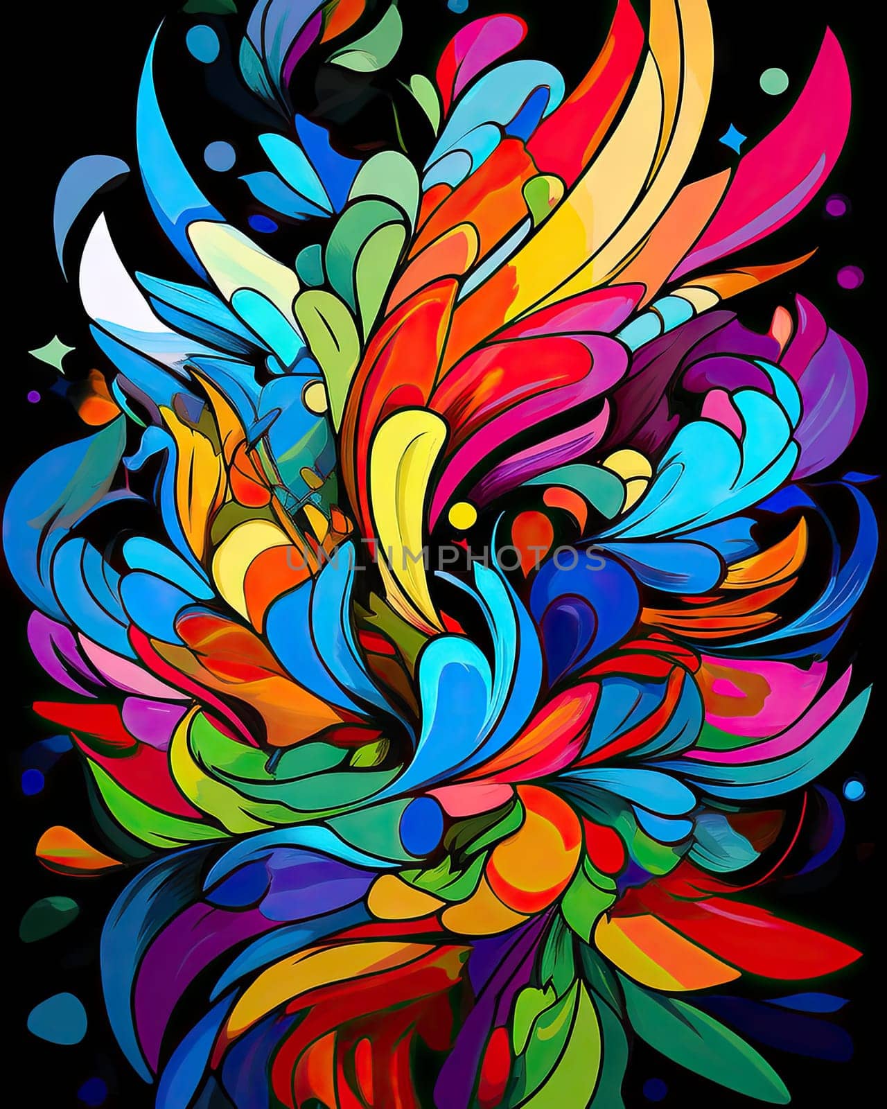 Vibrant colorful abstract petals in a fluid motion against a black background.
 Vivid explosion of colors, blending fluid forms into a floral-inspired abstract composition.