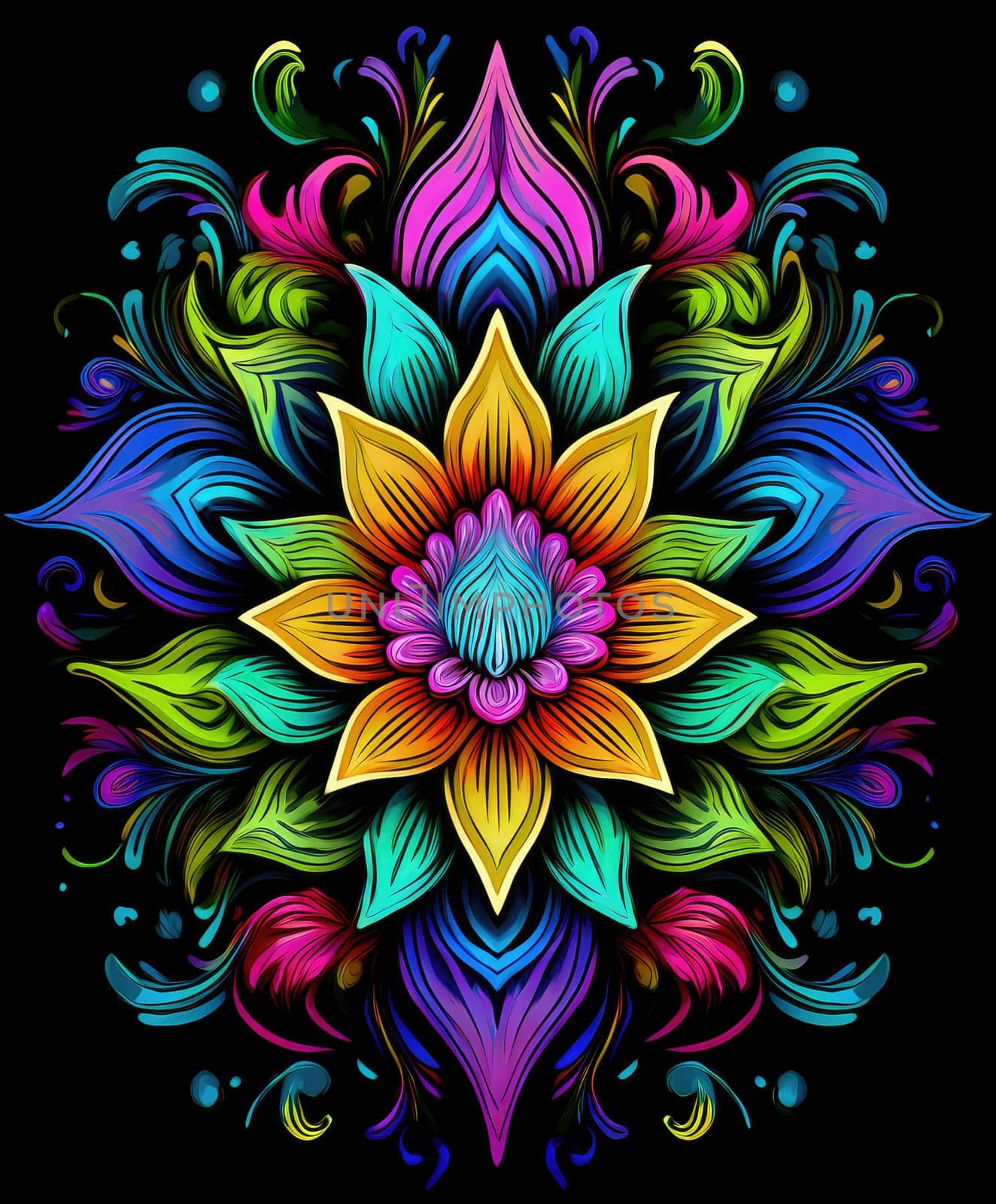 Vibrant colorful abstract petals in a fluid motion against a black background.
 Vivid explosion of colors, blending fluid forms into a floral-inspired abstract composition.