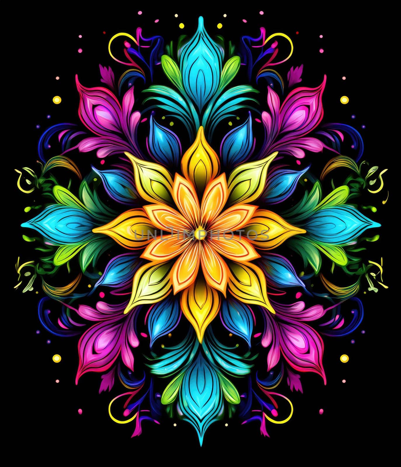 Vibrant colorful abstract petals in a fluid motion against a black background.
 Vivid explosion of colors, blending fluid forms into a floral-inspired abstract composition.