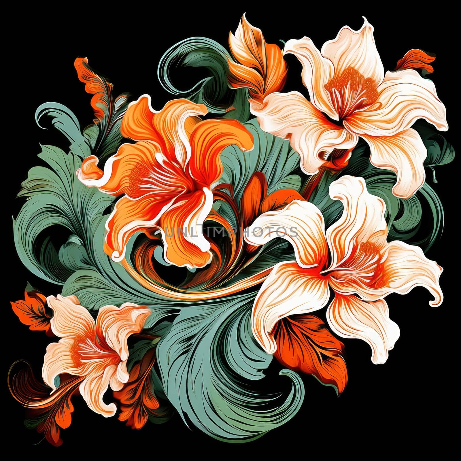Vibrant colorful abstract petals in a fluid motion against a black background.
 Vivid explosion of colors, blending fluid forms into a floral-inspired abstract composition.