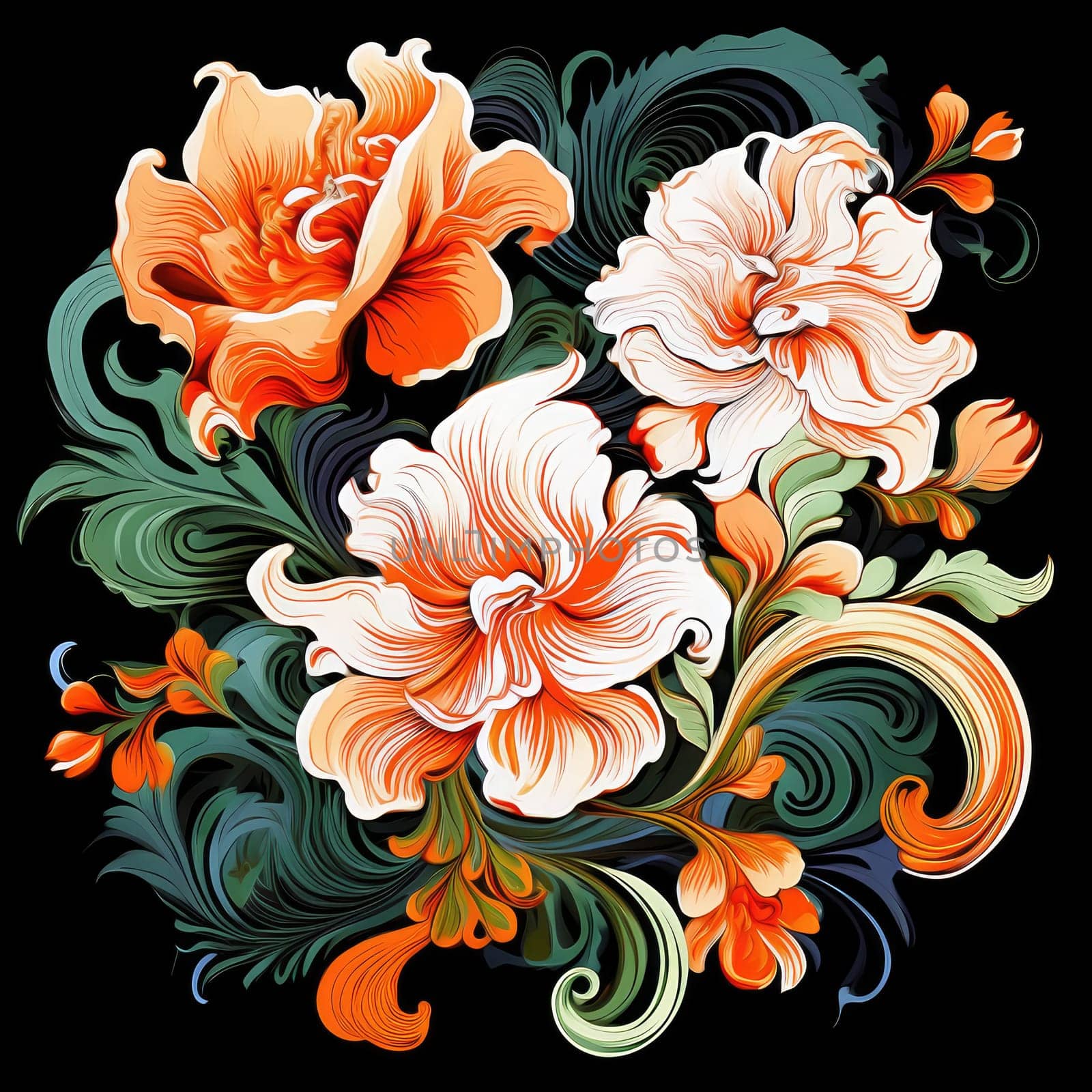 Vibrant colorful abstract petals in a fluid motion against a black background.
 Vivid explosion of colors, blending fluid forms into a floral-inspired abstract composition.