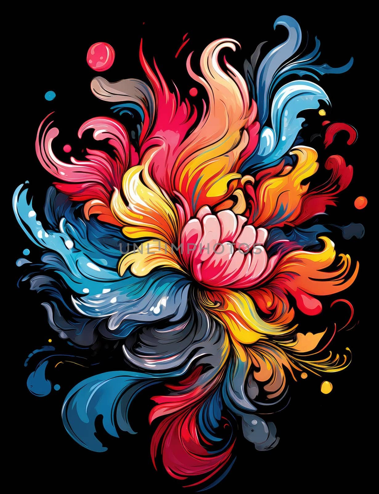 Vibrant colorful abstract petals in a fluid motion against a black background.
 Vivid explosion of colors, blending fluid forms into a floral-inspired abstract composition.