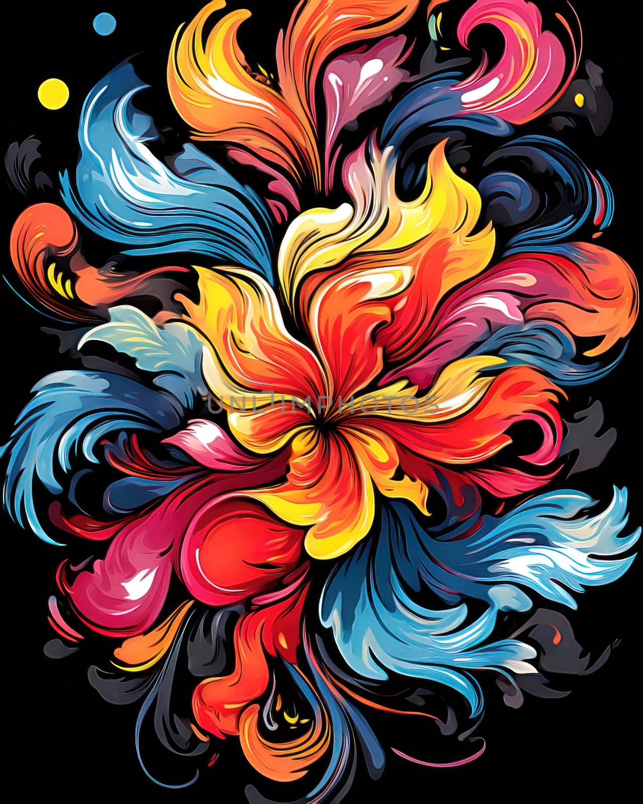 Vibrant colorful abstract petals in a fluid motion against a black background.
 Vivid explosion of colors, blending fluid forms into a floral-inspired abstract composition.