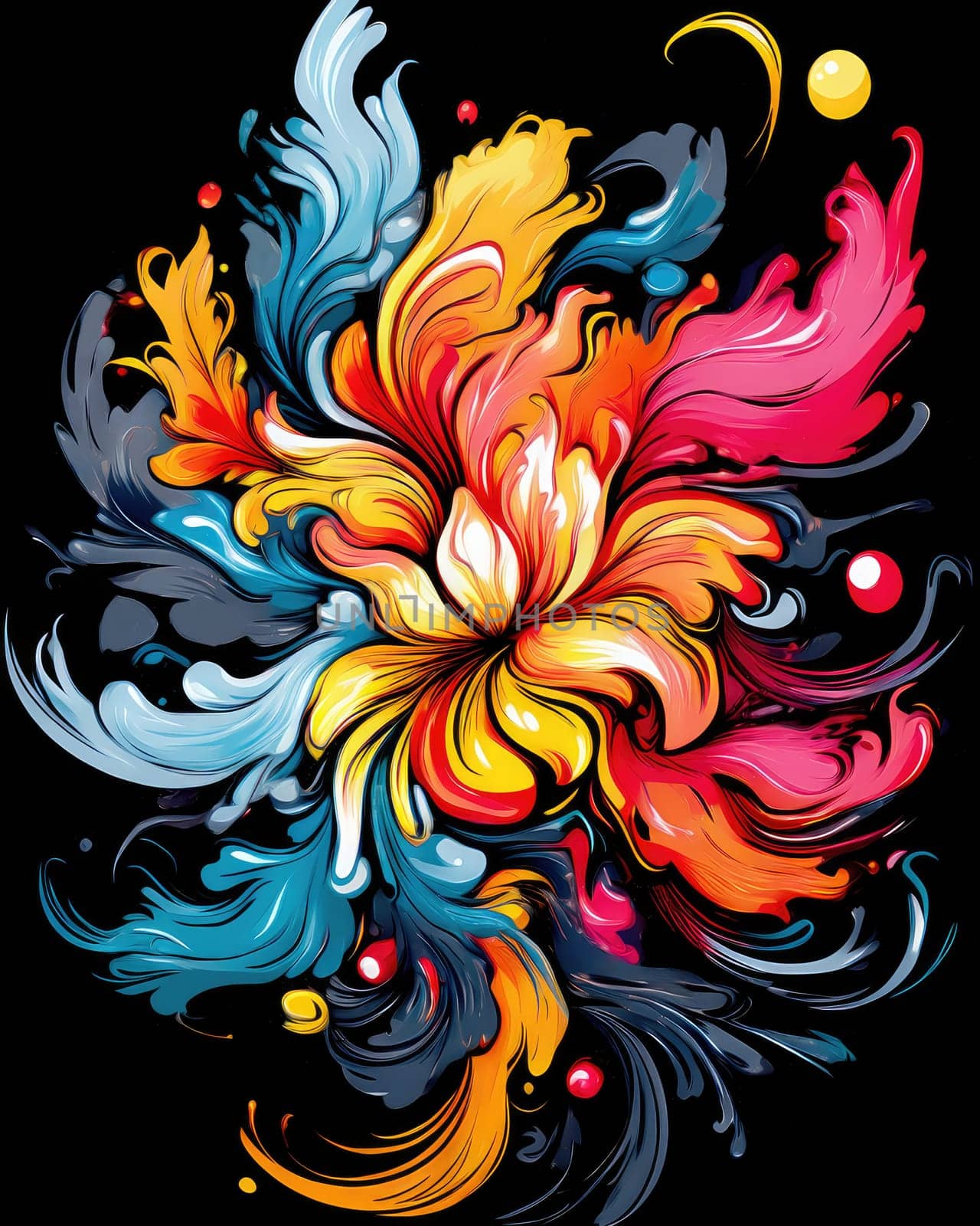 Vibrant colorful abstract petals in a fluid motion against a black background.
 Vivid explosion of colors, blending fluid forms into a floral-inspired abstract composition.