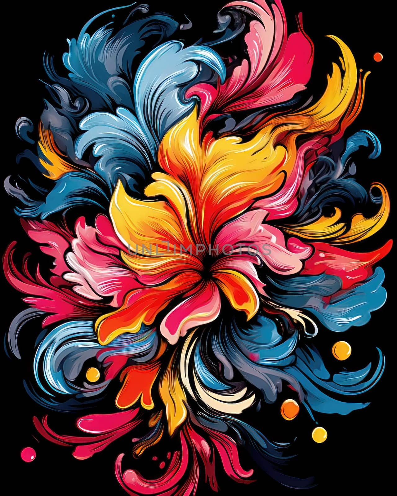 Vibrant colorful abstract petals in a fluid motion against a black background.
 Vivid explosion of colors, blending fluid forms into a floral-inspired abstract composition.