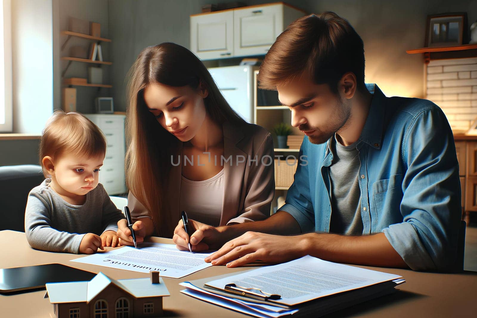 a young family with child signing a mortgage agreement.