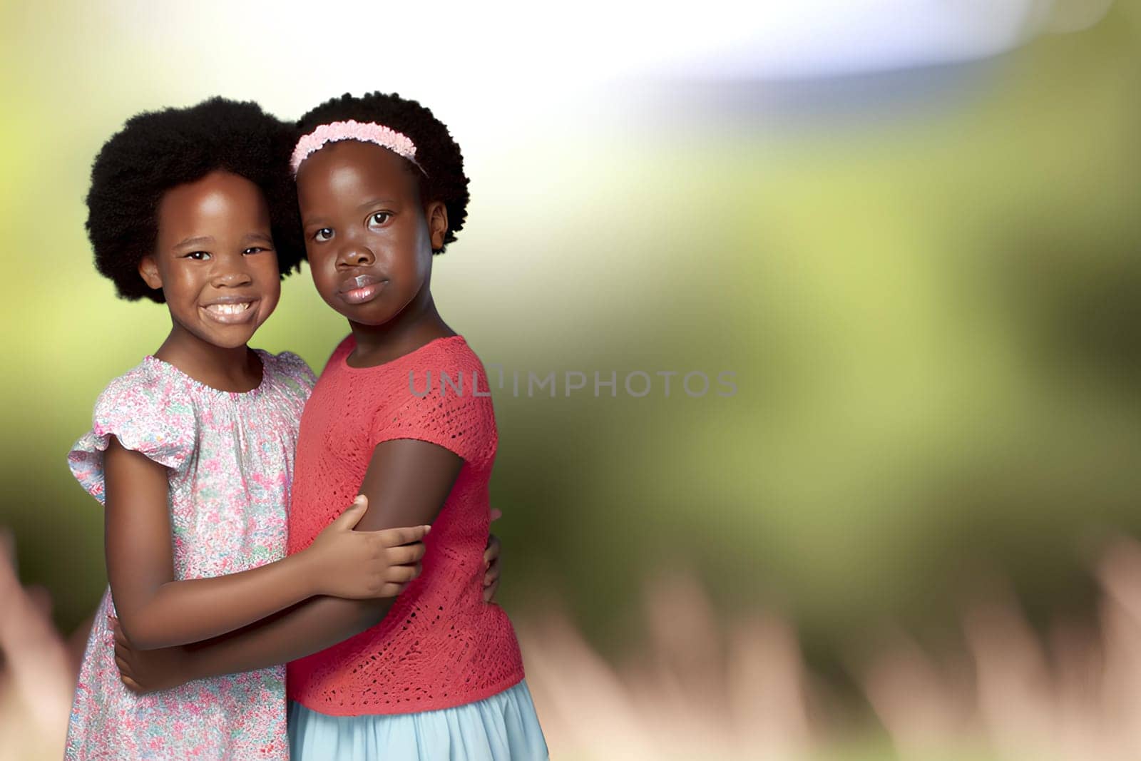 two young Black sisters hugging each other, copy space
