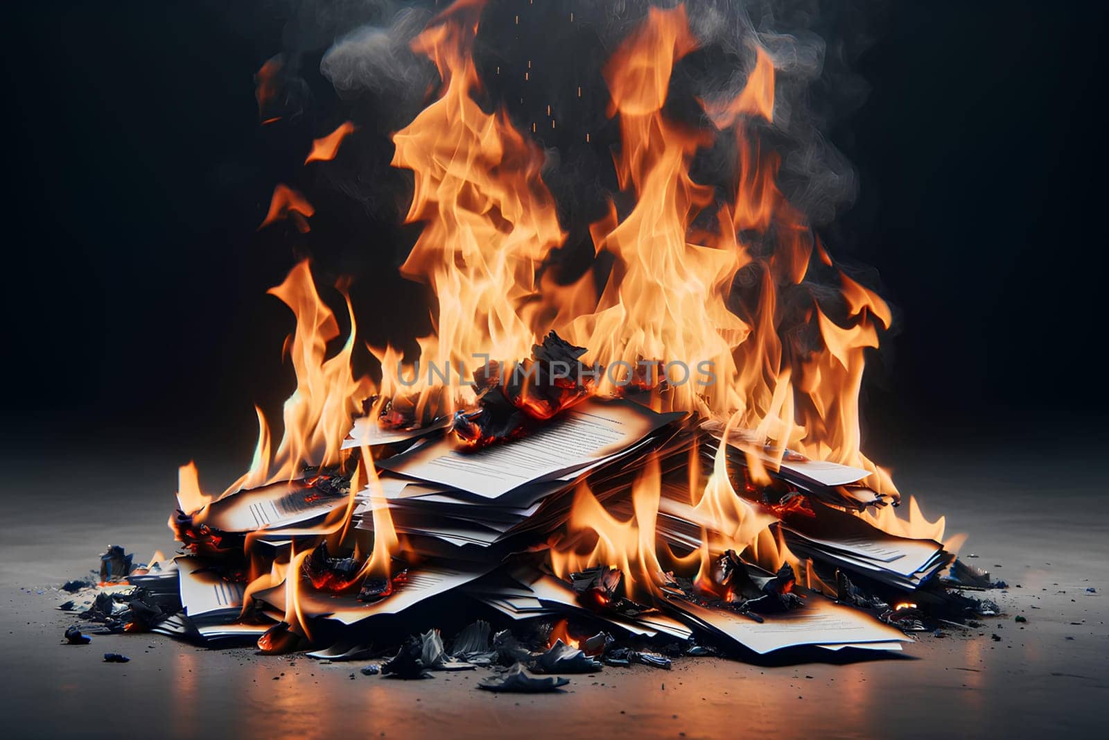 burning business documents on a dark background.