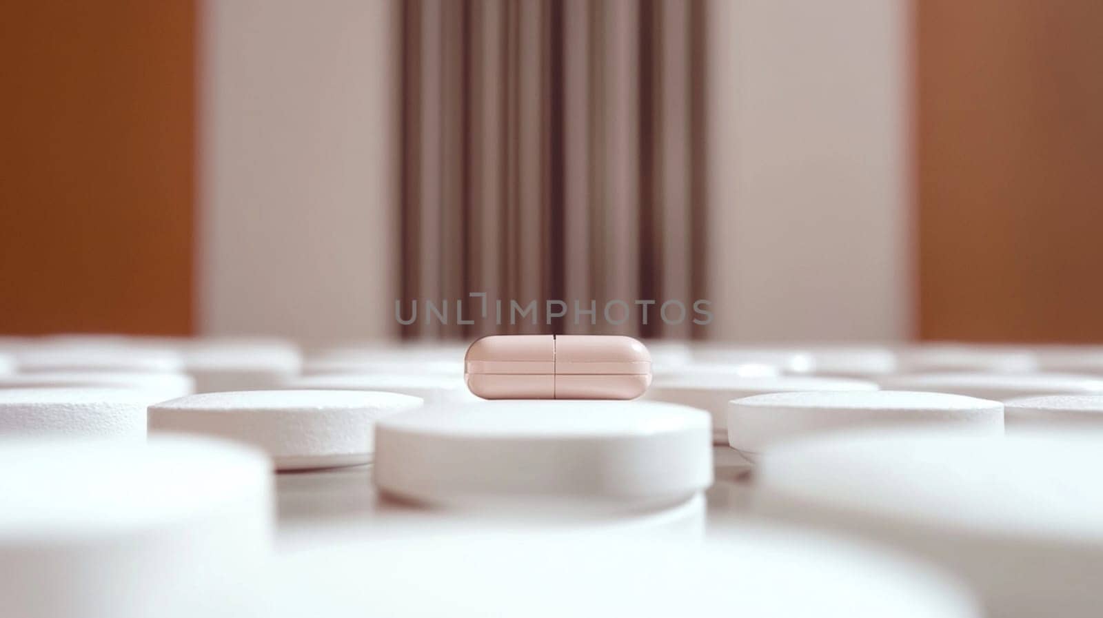 Pink capsule is standing out in a crowd of white pills. The concept evokes the idea of being unique and standing out from the crowd