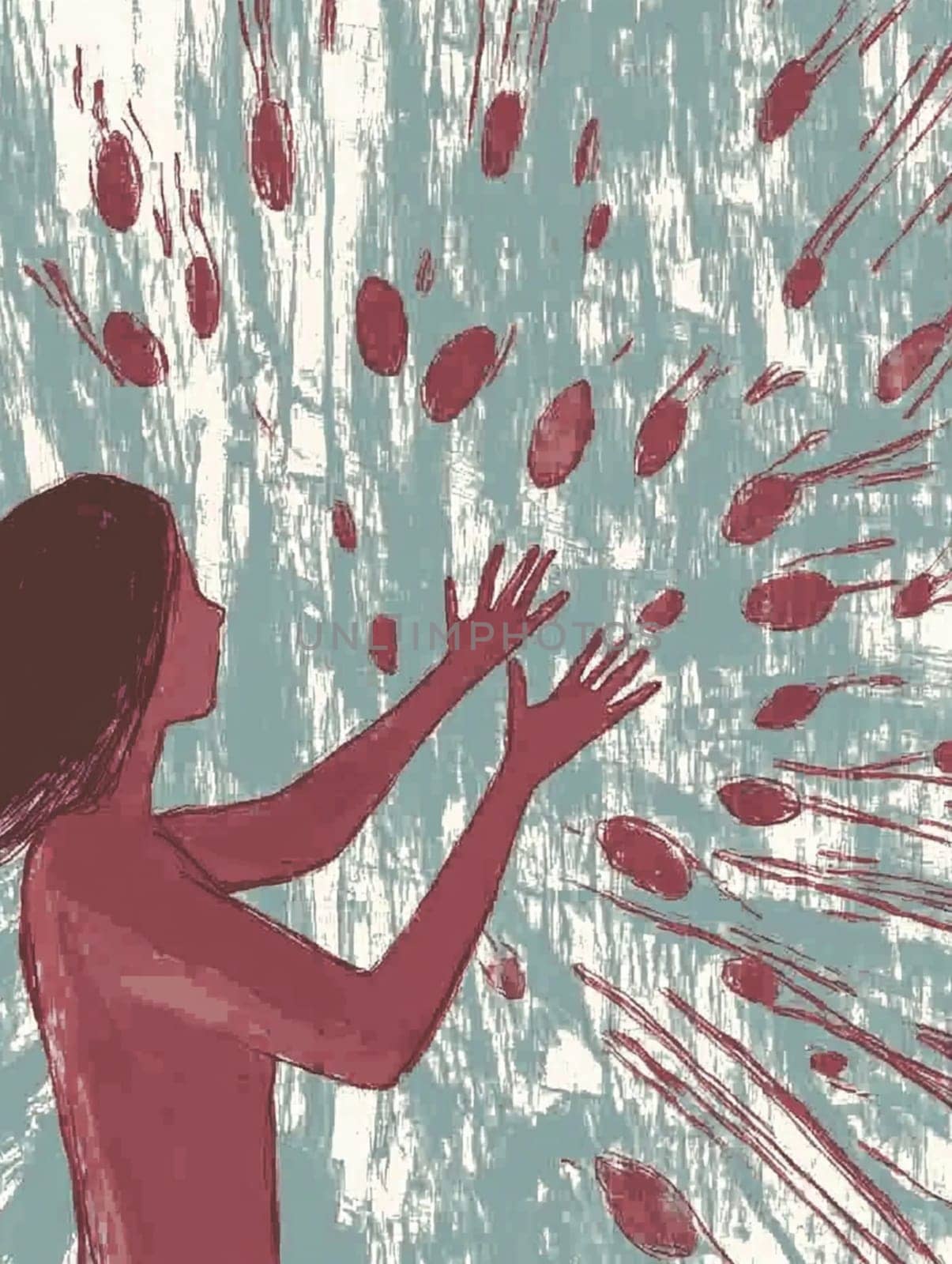 Illustration of a woman with her arms raised feeling overwhelmed by negative thoughts represented by red drops converging on her