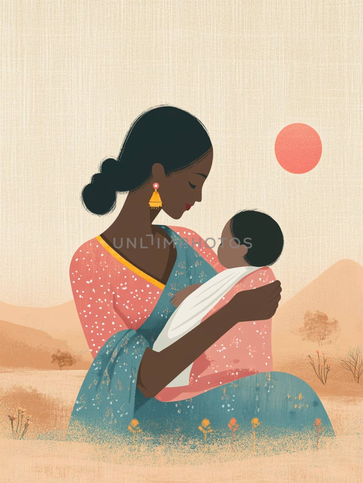 Illustration of a young mother holding her sleeping baby in a loving embrace, symbolizing the universal bond of motherhood and the beauty of family