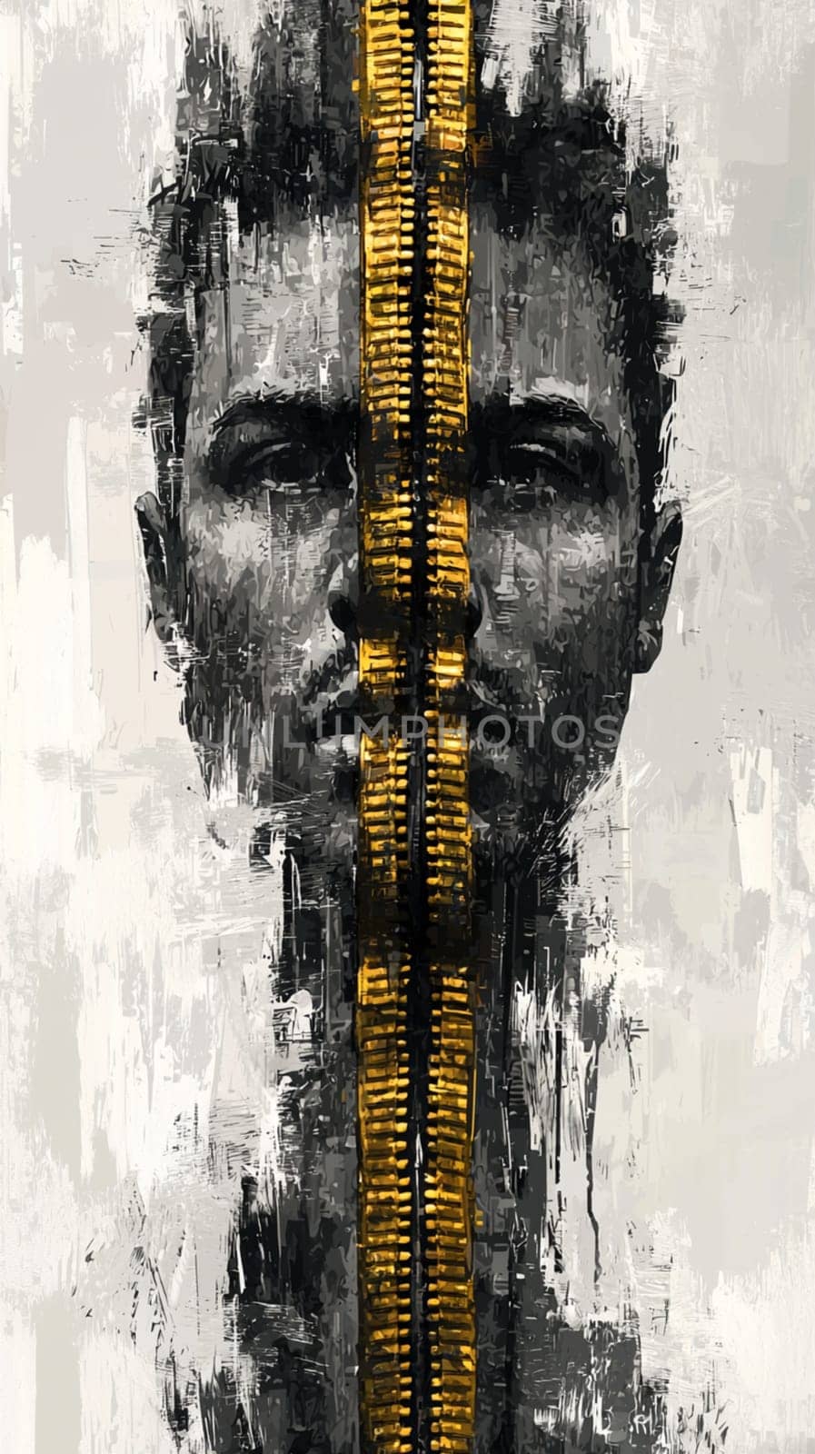 Artistic portrait of a man with a golden zipper covering his mouth, symbolizing censorship, secrets, or hidden emotions. The painting uses a grunge style with black, white, and gold colors