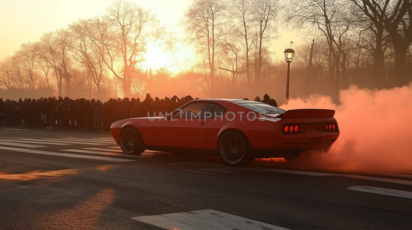 Powerful sports cars race through city streets at sunset, leaving a trail of smoke, thrilling spectators with high speed action