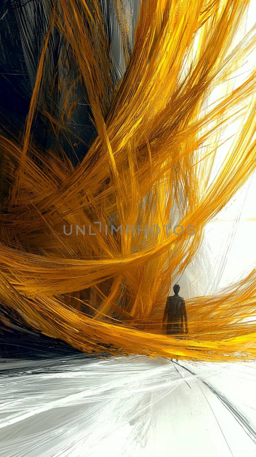 Silhouette is walking into a swirling vortex of golden energy with a white and black background. This abstract illustration evokes concepts like energy, power, and the unknown