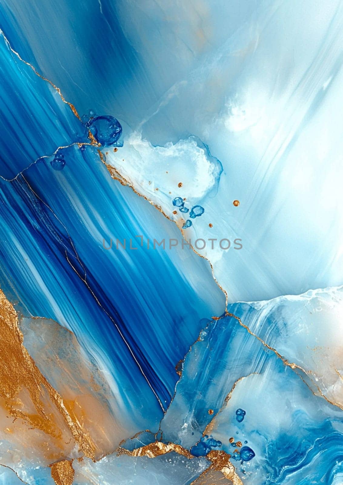 The artwork showcases a dynamic blend of deep blue hues and textured gold accents, reminiscent of ocean waves. The fluid patterns evoke a sense of movement and depth.