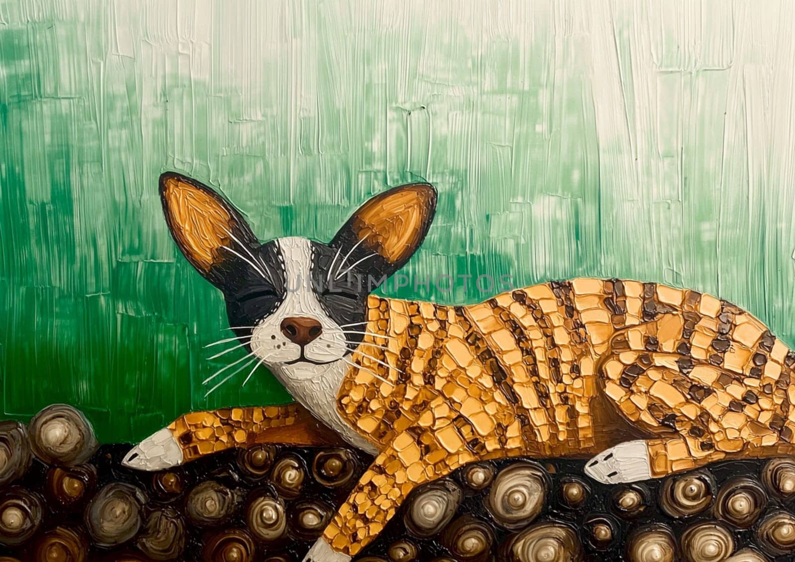 Colorful portrait of a sleeping cat painted in impasto style with visible brushstrokes. Perfect for animal lovers and art enthusiasts