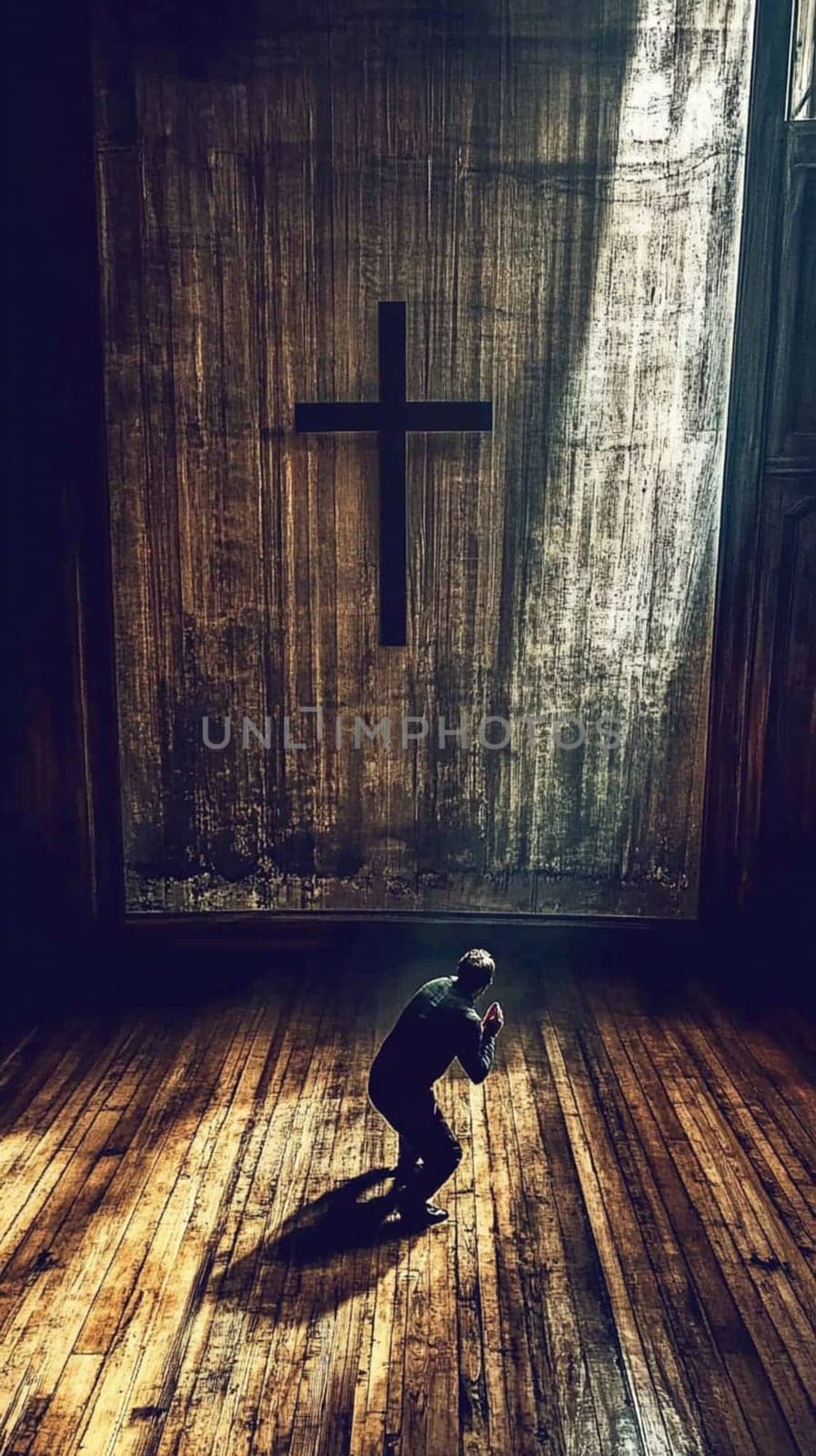 Man is kneeling and praying under a cross in an old church with a ray of light shining on him. He is seeking forgiveness for his sins and hoping for a better future