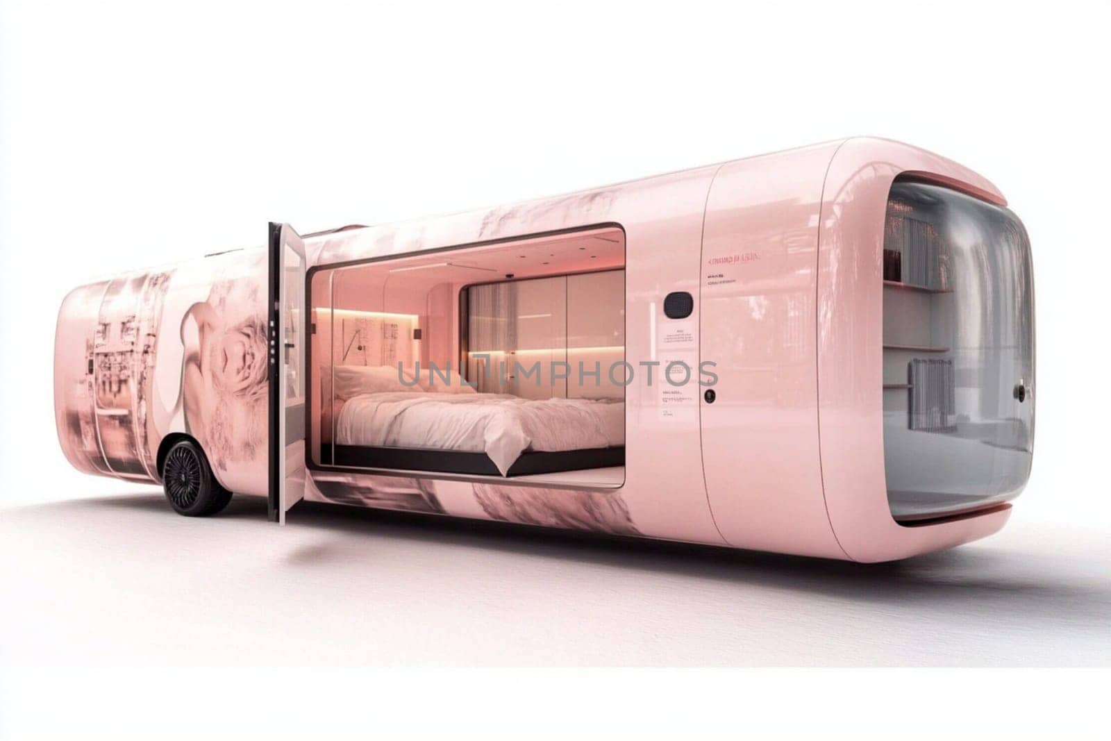 A sleek mobile hotel showcases a minimalist interior, featuring a spacious bed and convenient amenities. The innovative design caters to modern travelers who prioritize comfort for sales website