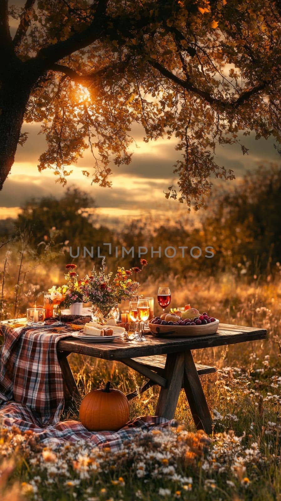 A very beautifully set table in nature, in a cozy autumn garden. High quality photo