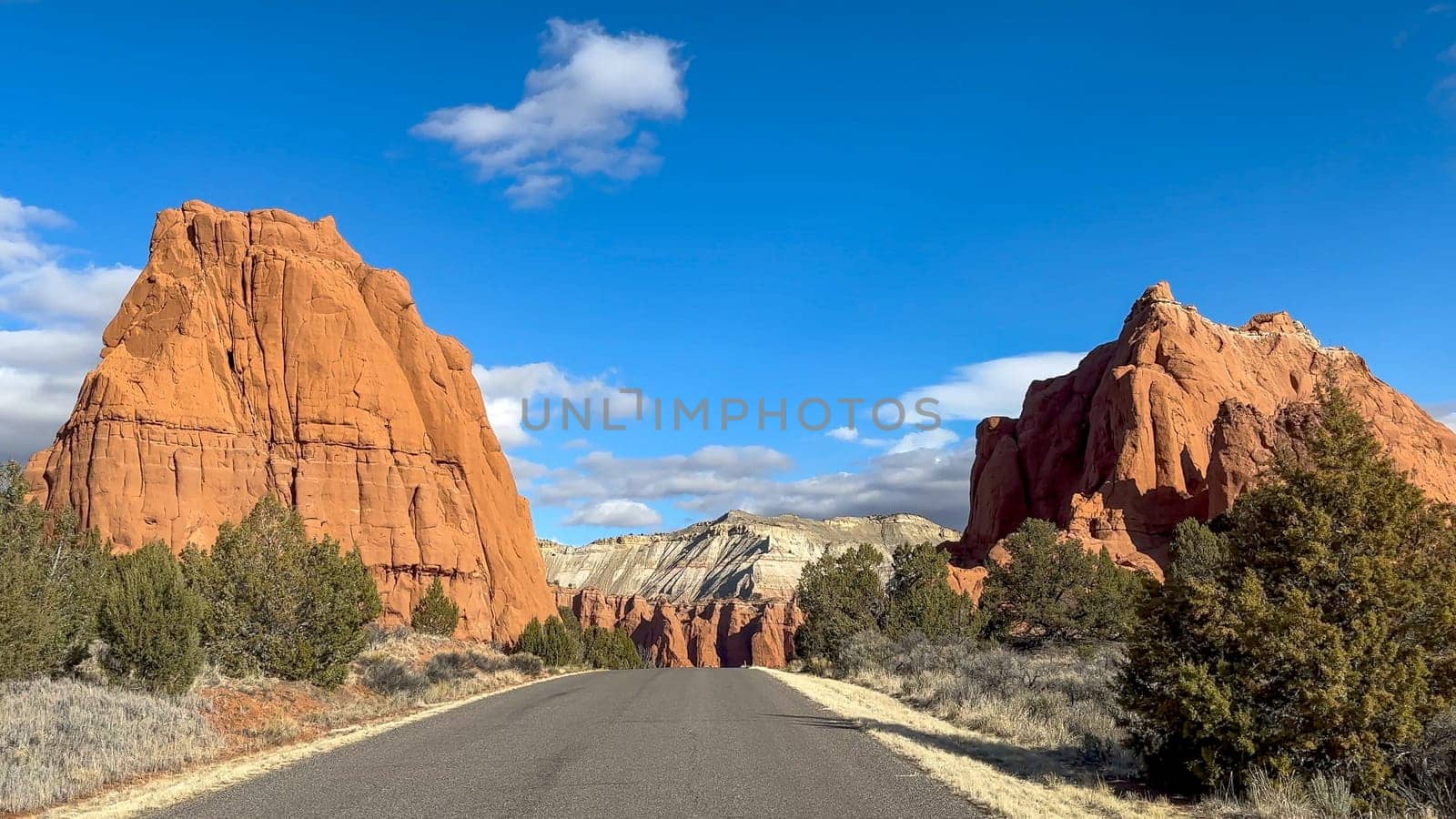 Stunning Kodachrome Basin State Park in Utah scenic road shot. Capturing the stunning red rock formations, blue skies, and desert landscape - USA
