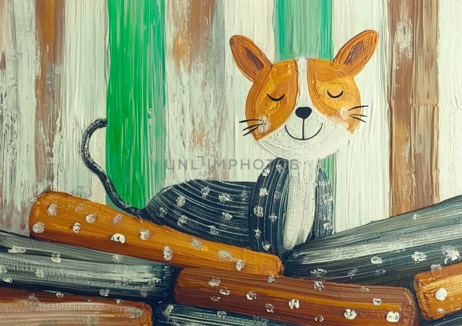 Painting of a cute cat lying peacefully on a pile of firewood, with a colorful wooden fence as background. The image evokes tranquility and warmth
