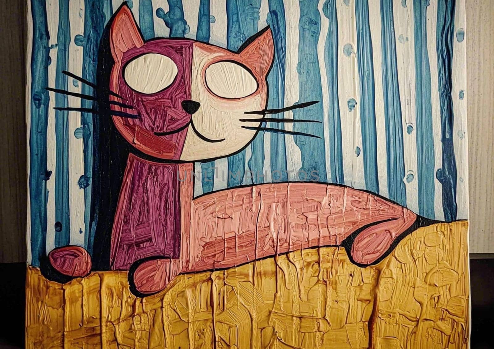 Original artwork representing a pink cat lying down and posing in front of a blue striped wall, created with acrylic paint