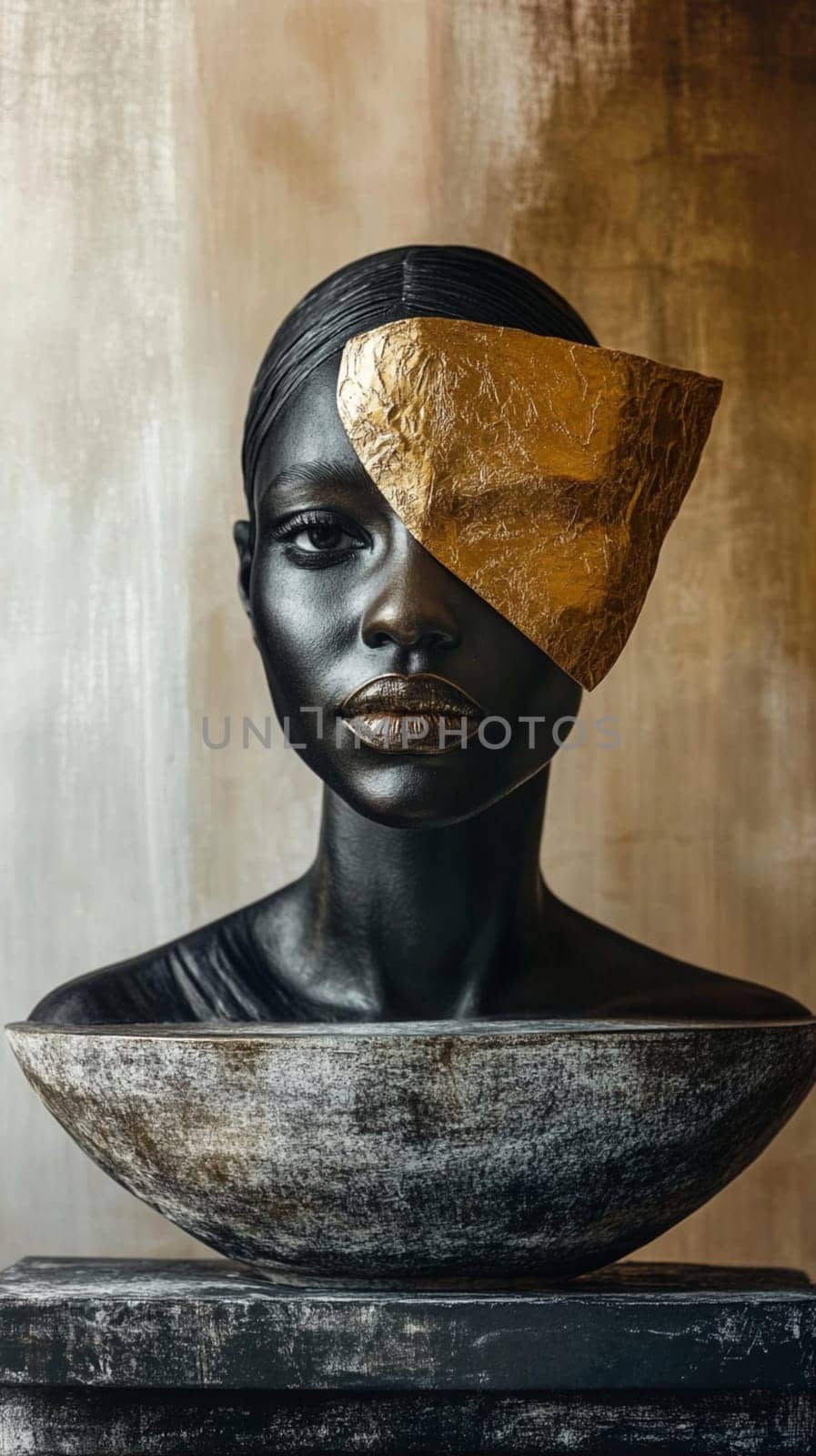 Stylish black mannequin bust with gold foil, in a dimly lit studio, exudes sophistication and glamour. The intricate design and play of light create a captivating image