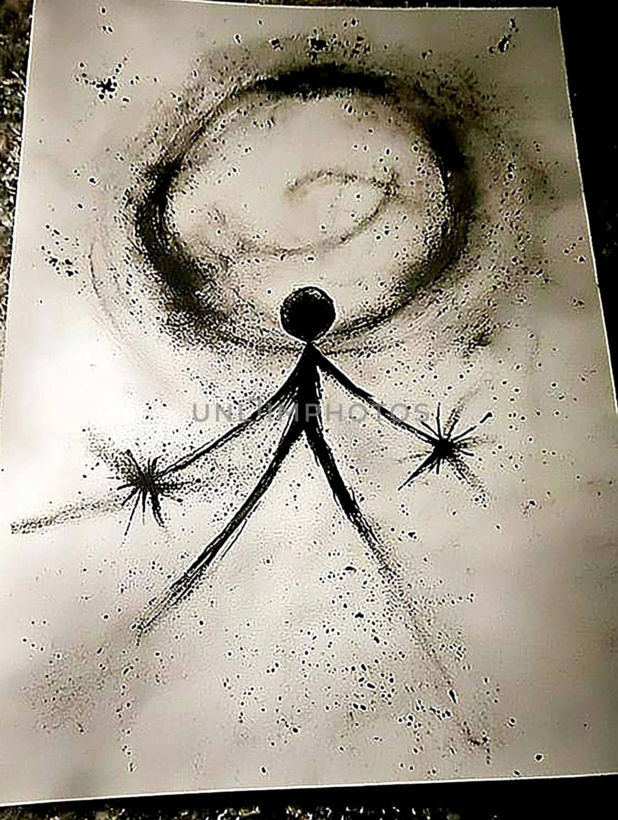 Captivating charcoal drawing of a stick figure reaching towards a black energy spiral on textured paper, evoking loneliness, fear, hope, and connection