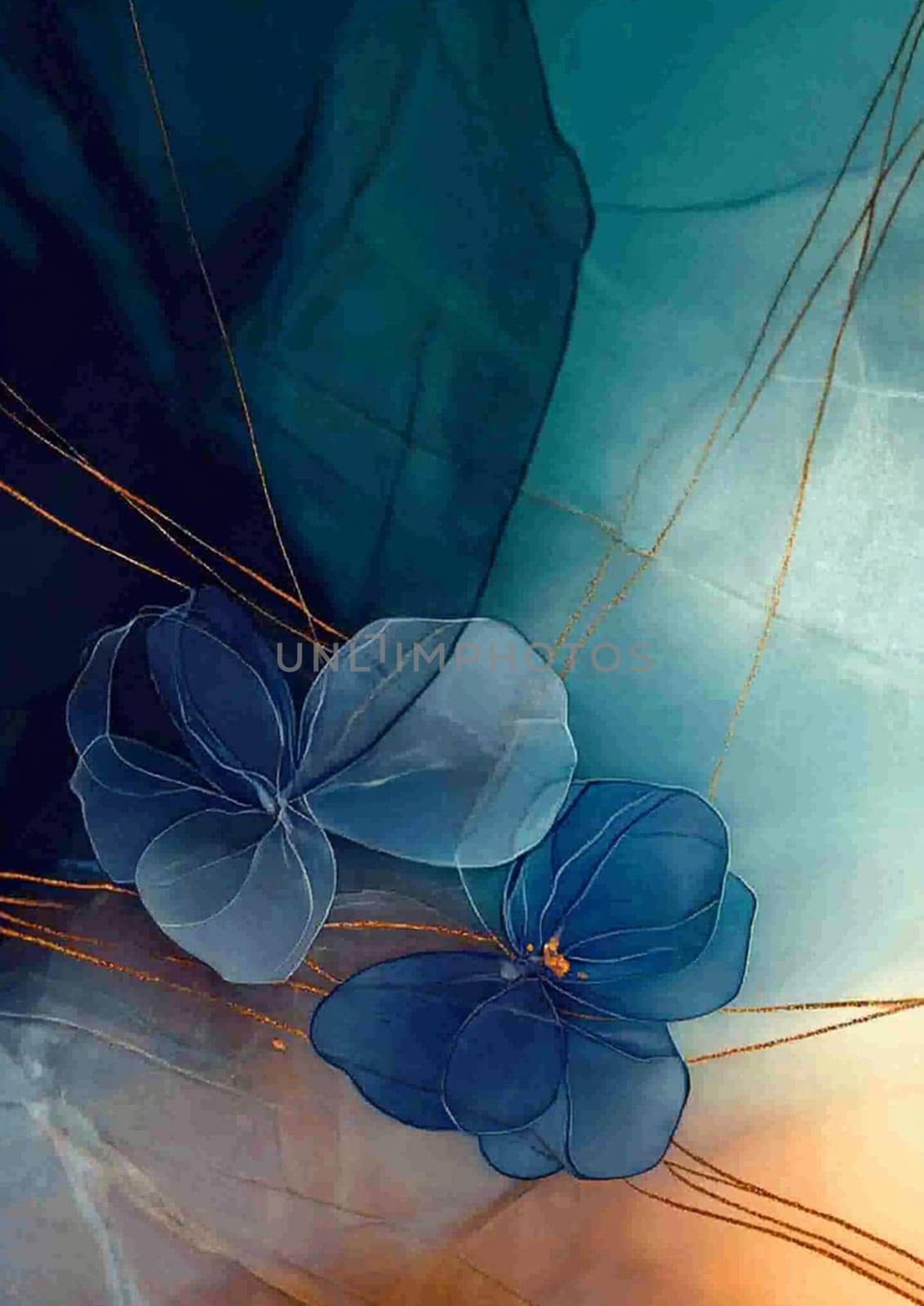 The artwork showcases a dynamic blend of deep blue hues and textured gold accents, reminiscent of ocean waves. The fluid patterns evoke a sense of movement and depth.
