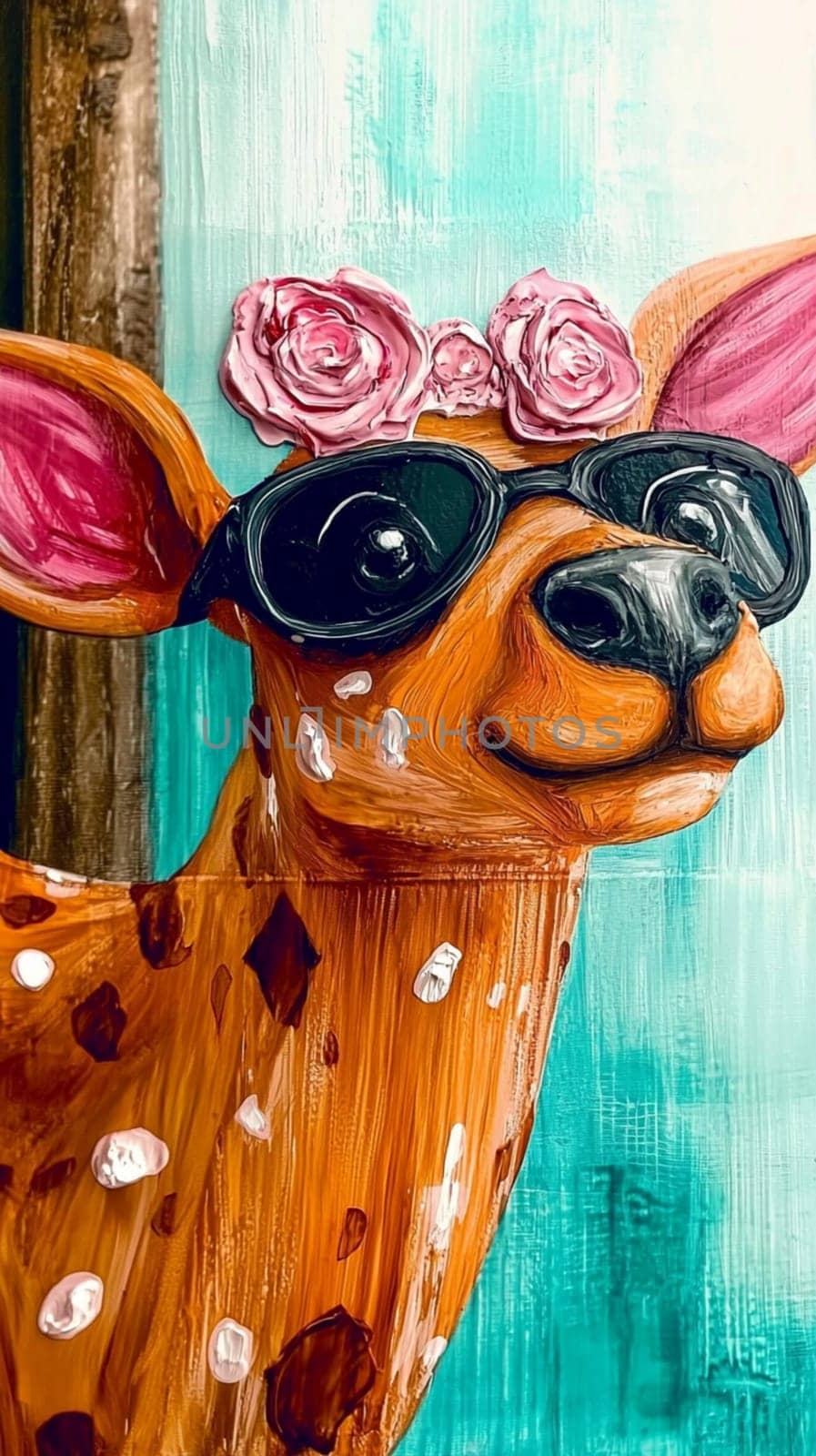 Stylish deer strikes a pose with sunglasses and a flower crown in a vibrant painting, blending wildlife with fashion in a colorful and trendy portrait with a modern abstract background