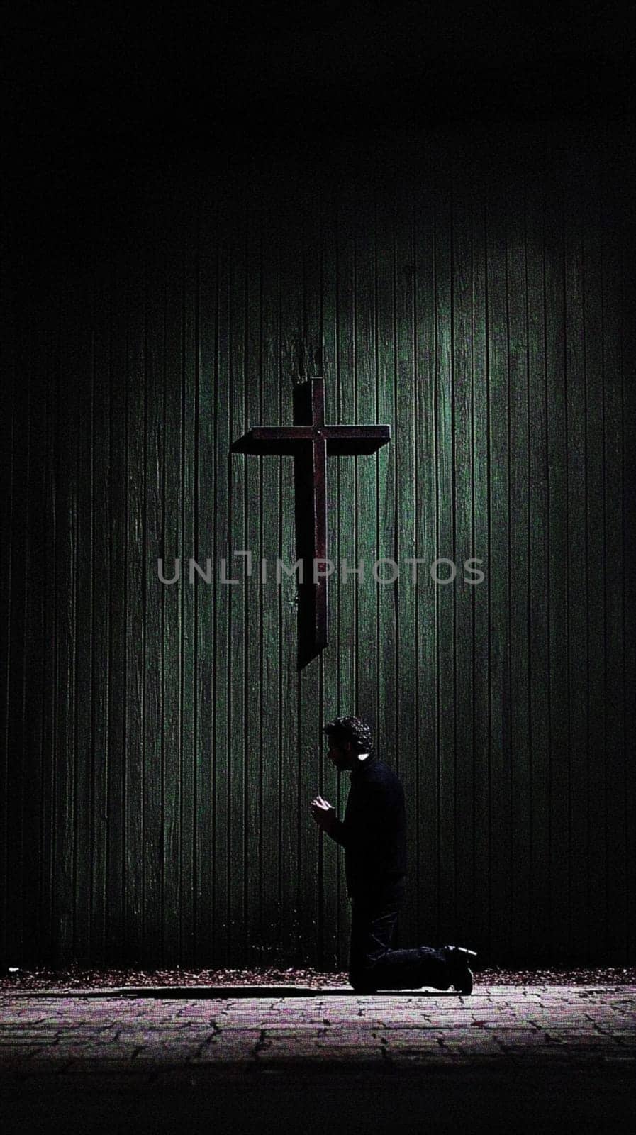 Man prays at night before a cross, showing faith and devotion. Seeking forgiveness and repentance, he connects with god in solitude